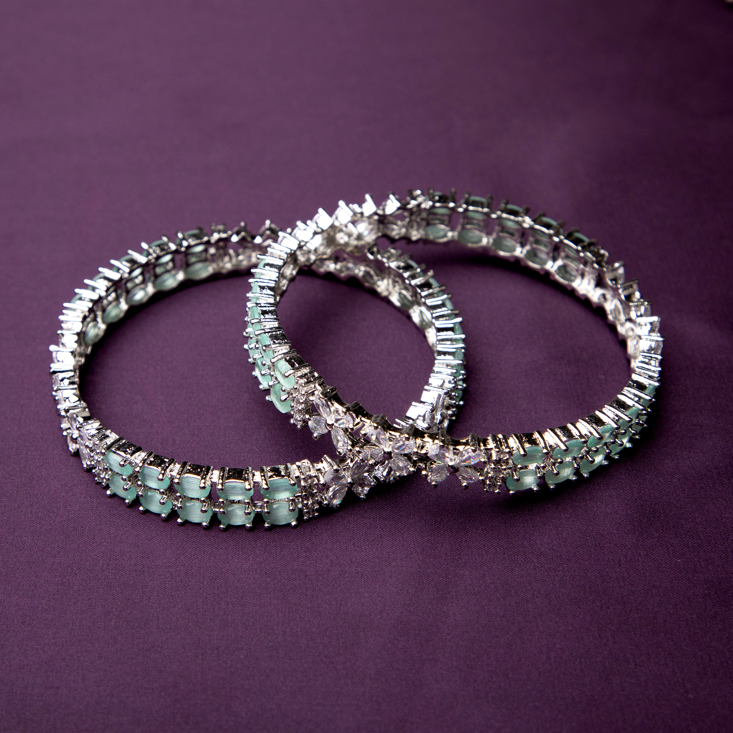 LA FILLE D'OR Silver toned Aquamarine Crystal Bangles Set , Traditional Design ,Set 0f 2