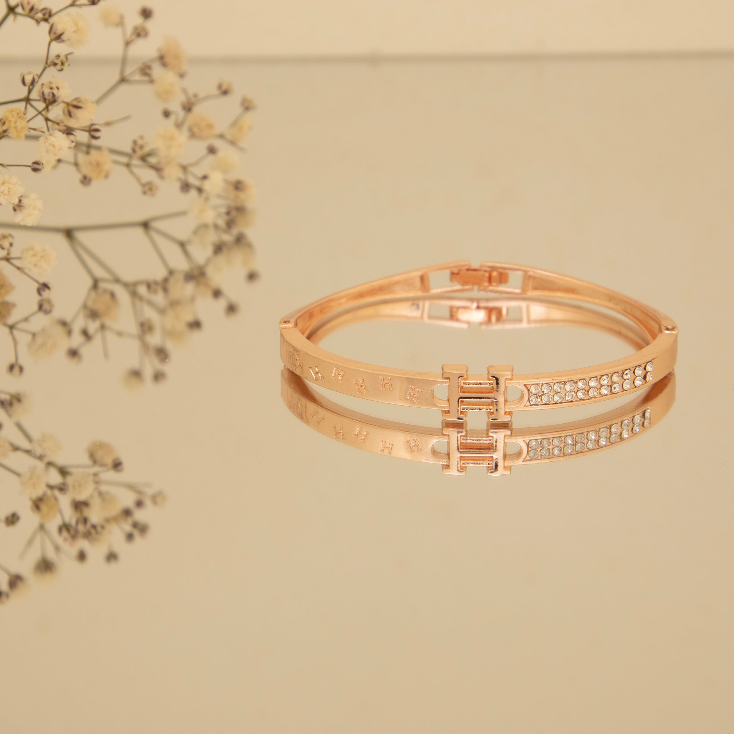 LA FILLE D'OR Crystal Rhinestone Bangle Bracelet, Hinged Design (ROSE GOLD, One Size)