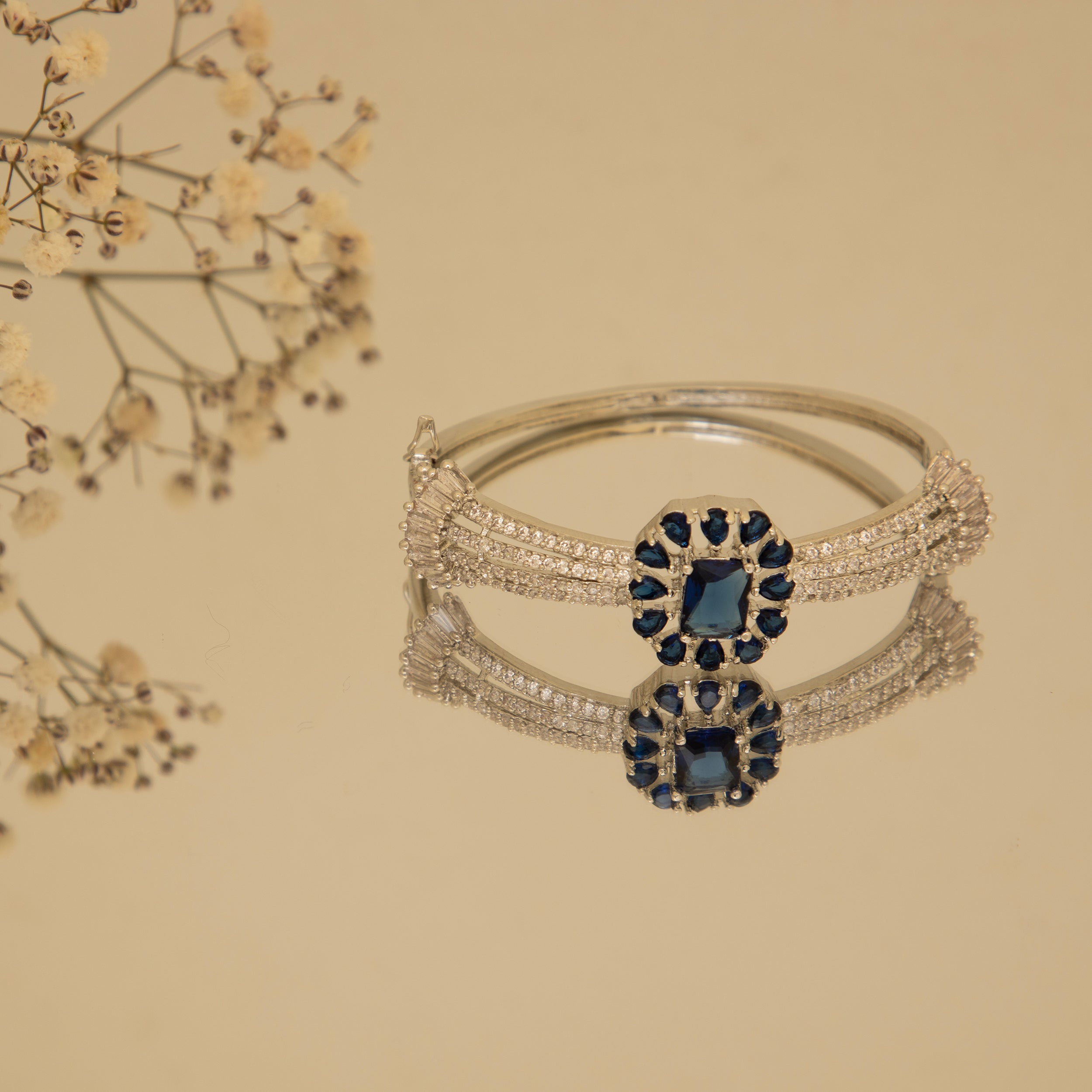 LA FILLE D'OR Silver colour brass Bracelet with Blue Stone, American Diamond Accents.