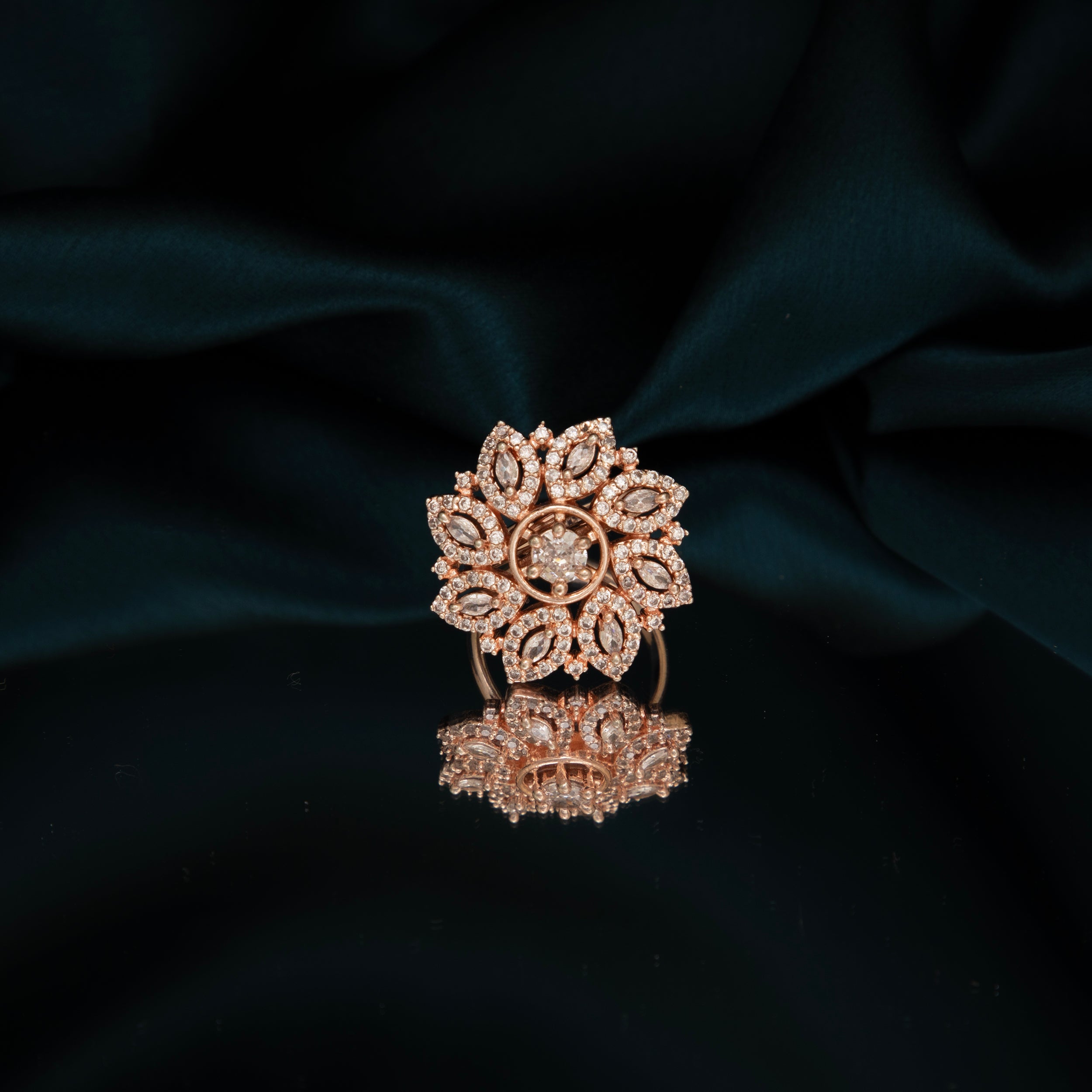 LA FILLE D'OR Rose Gold Plated Cubic Zirconia Floral Ring.