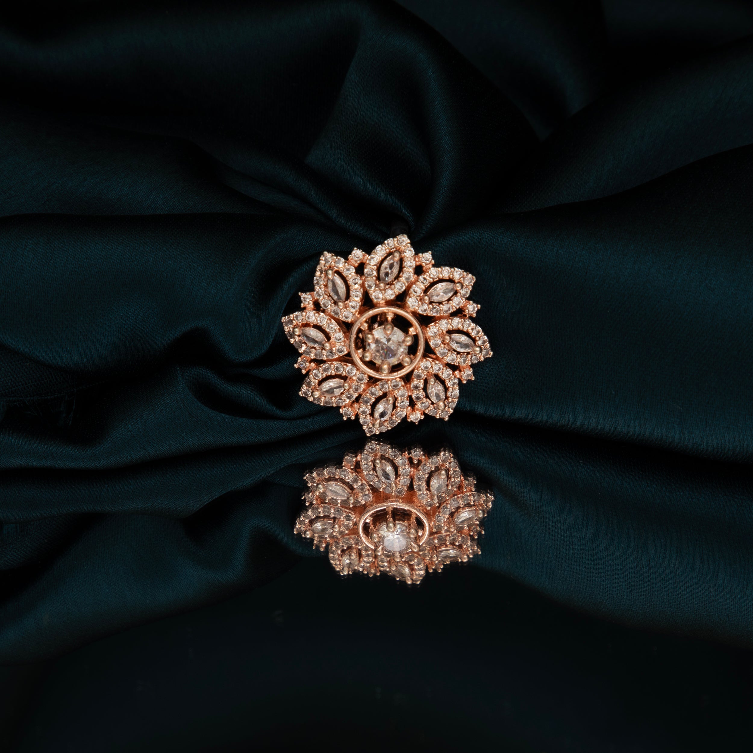 LA FILLE D'OR Rose Gold Plated Cubic Zirconia Floral Ring.