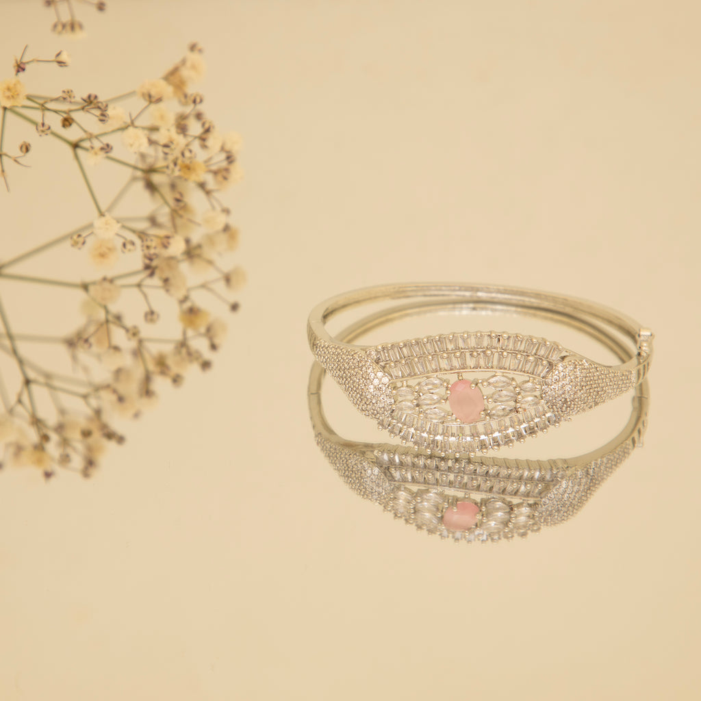 LA FILLE D'OR Silver Colour Bangle style bracelet with Pink Stone Accents, American Diamond Studded (PINK)