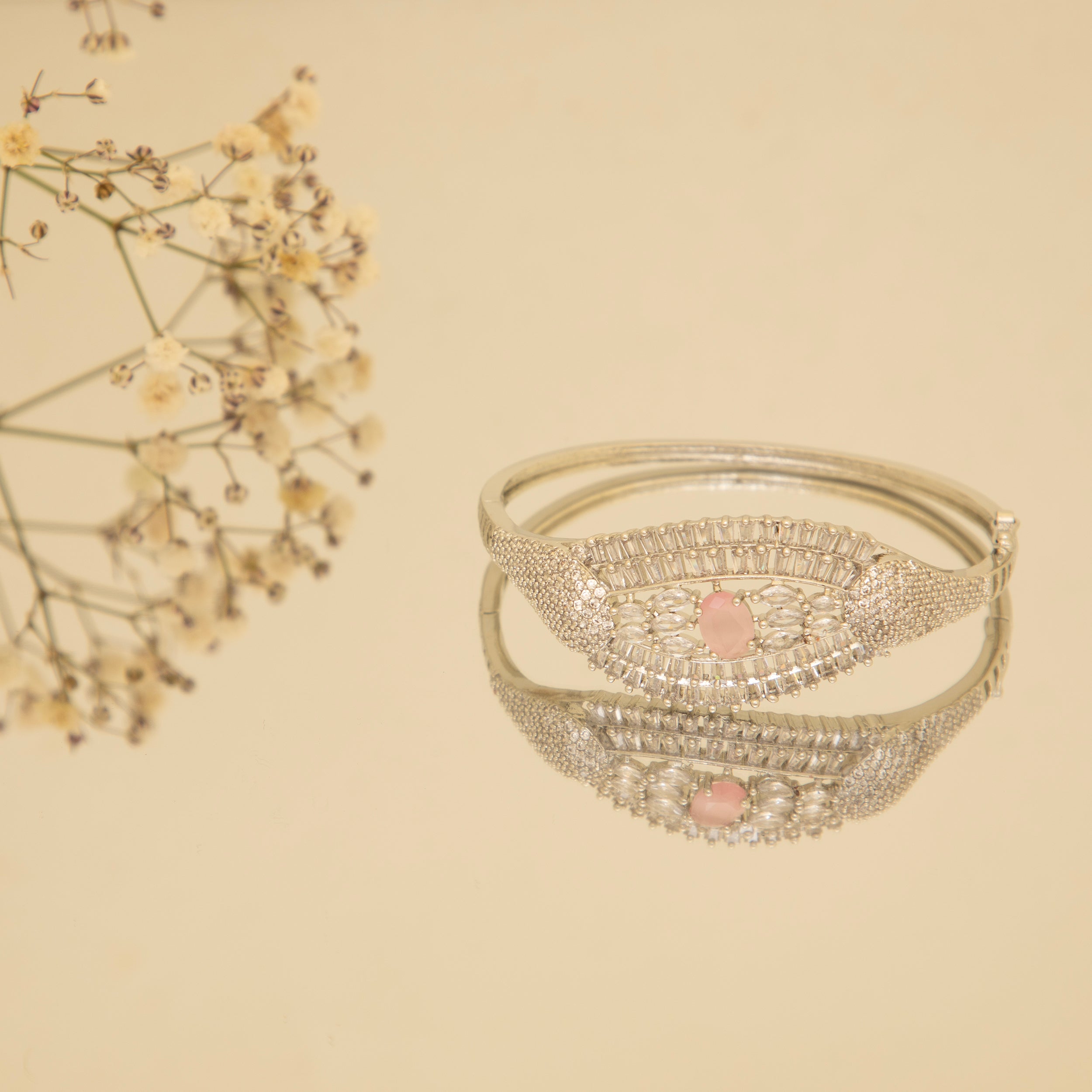 LA FILLE D'OR Silver Colour Bangle style bracelet with Pink Stone Accents, American Diamond Studded (PINK)