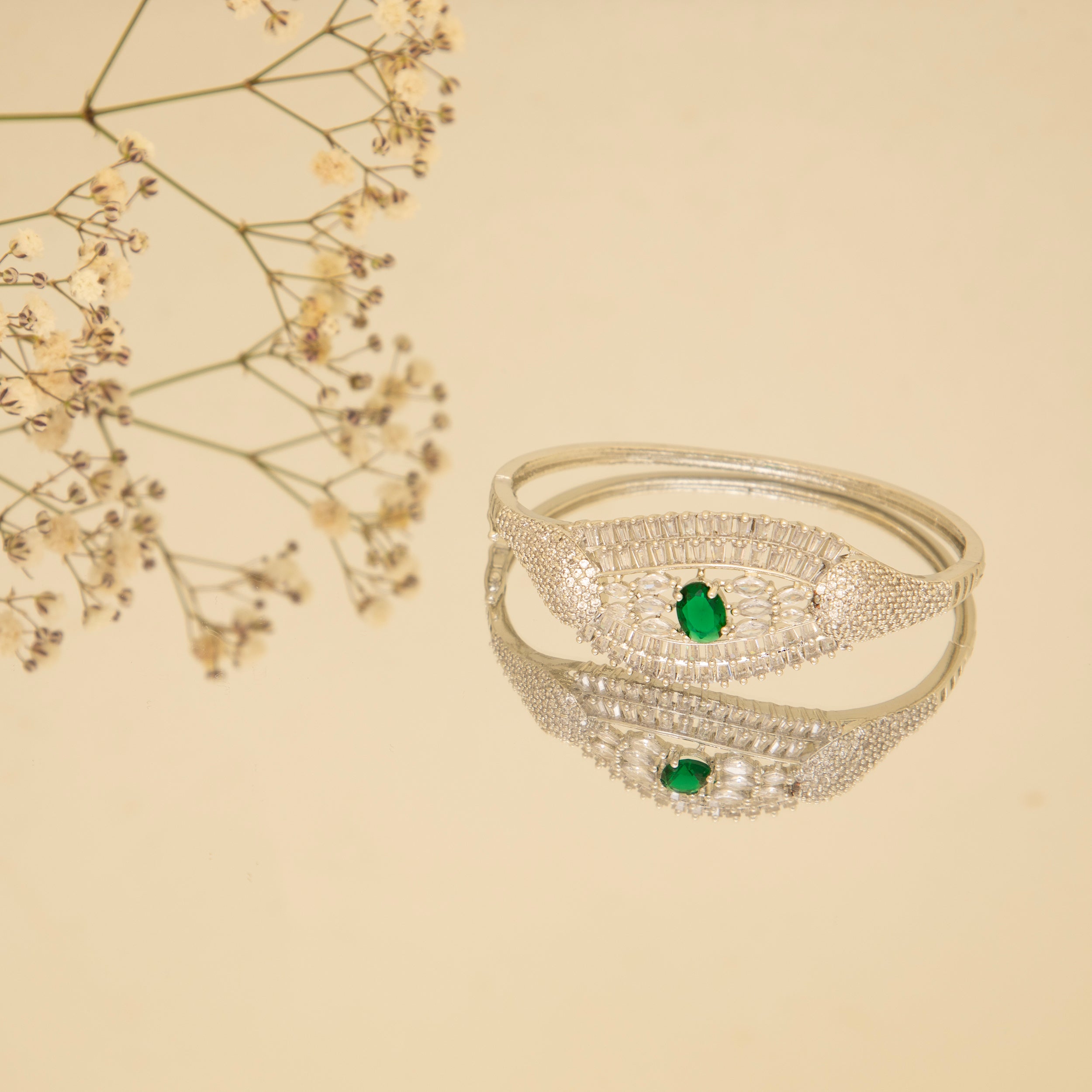 LA FILLE D'OR Silver Colour Banglestyle bracelet  with EMRALD GREEN Stone Accents, American Diamond Studded.