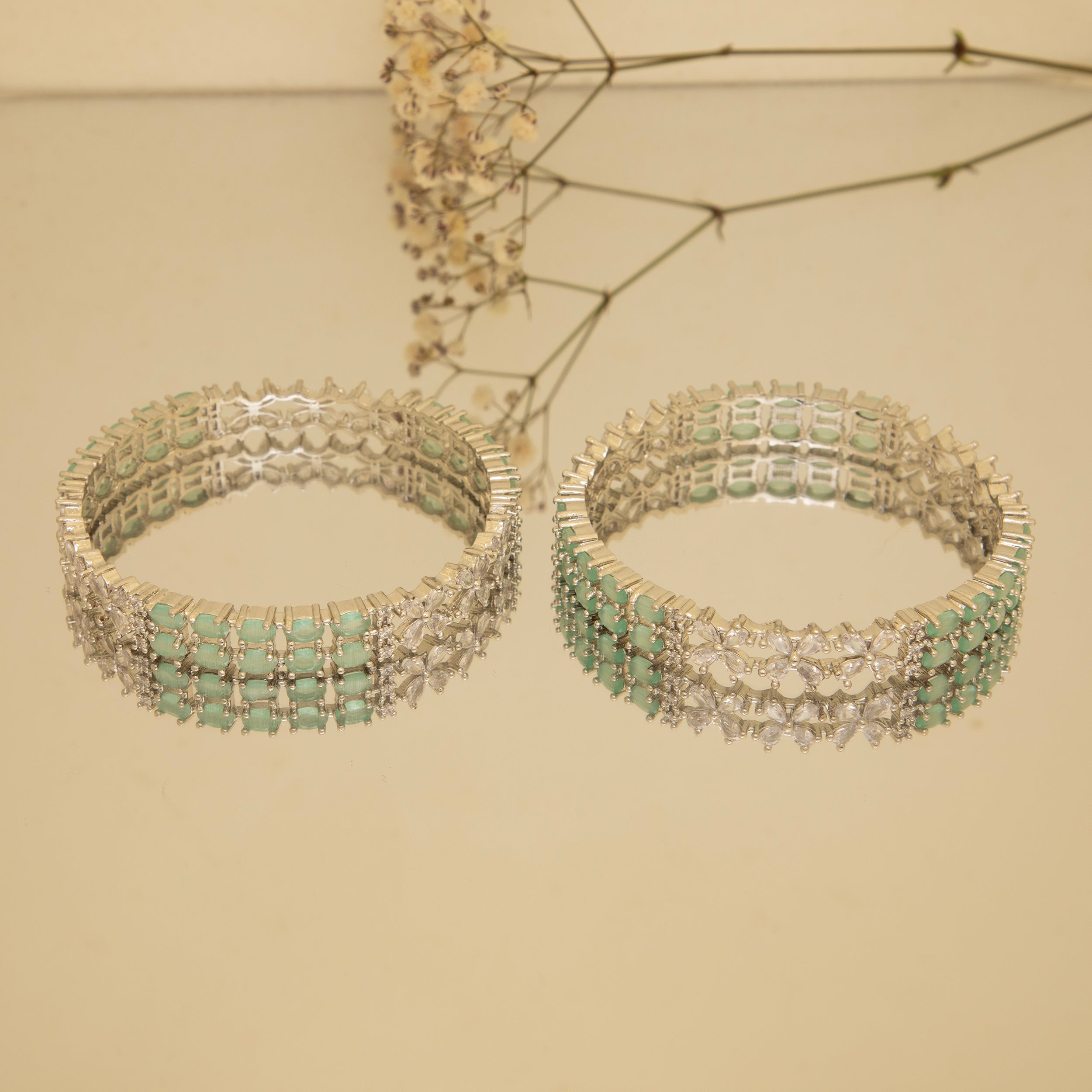 LA FILLE D'OR Silver toned Aquamarine Crystal Bangles Set , Traditional Design ,Set 0f 2