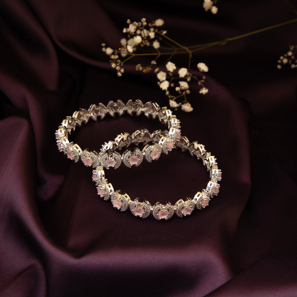 LA FILLE D'OR Silver Toned Bangle with Pink Rose Quartz Bangles ,Set 0f 2