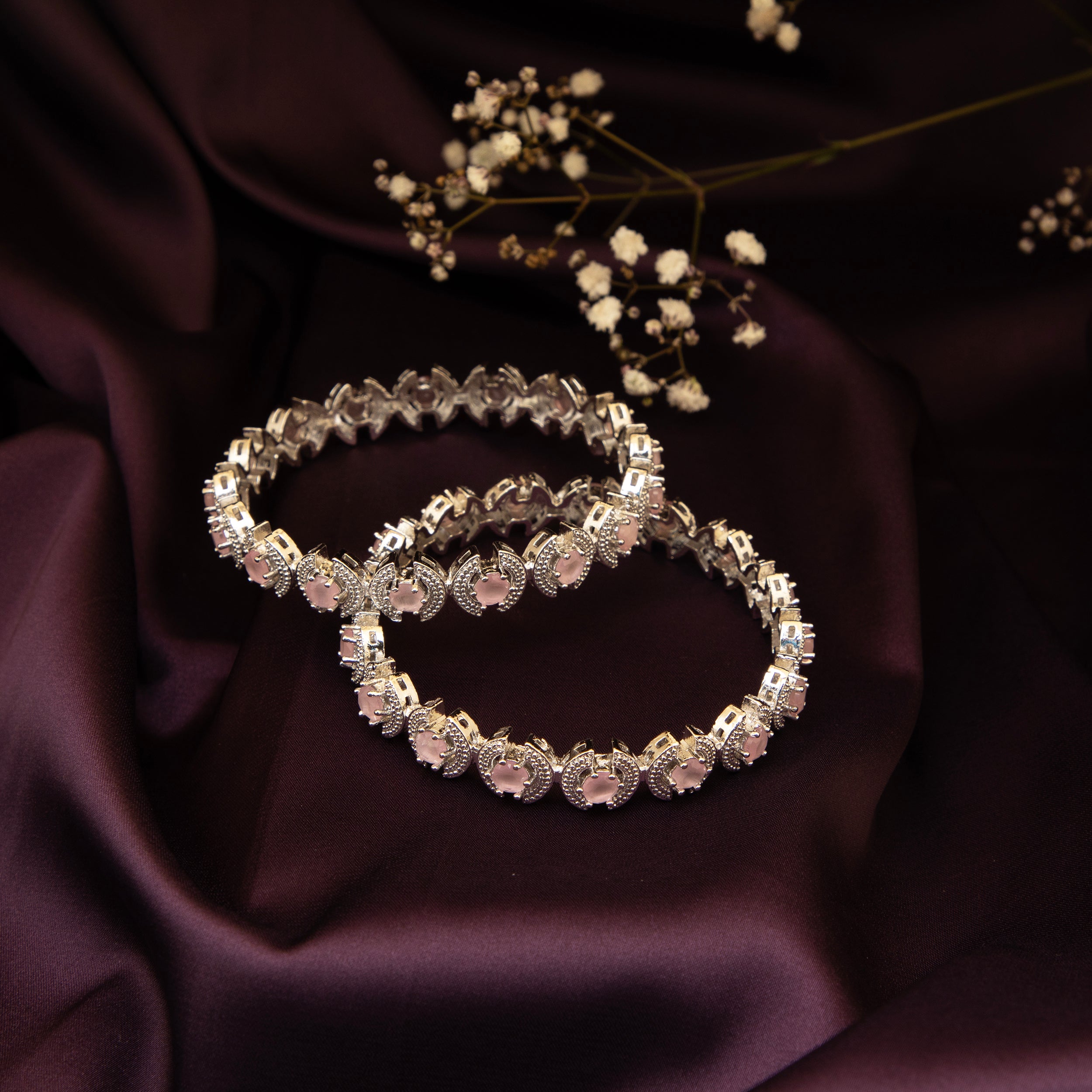 LA FILLE D'OR Silver Toned Bangle with Pink Rose Quartz Bangles ,Set 0f 2