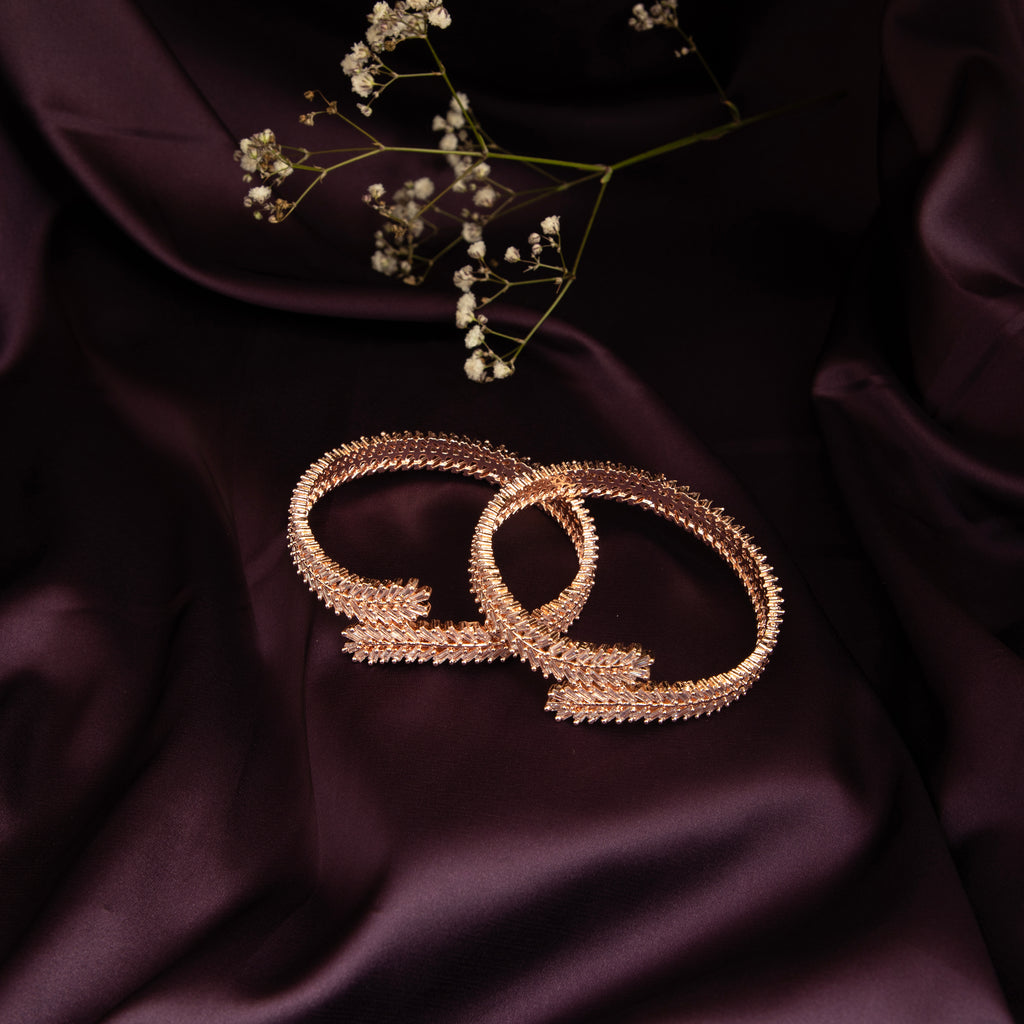 Elegant Rose Gold Toned Leaf WrapBangles Set 0f 2