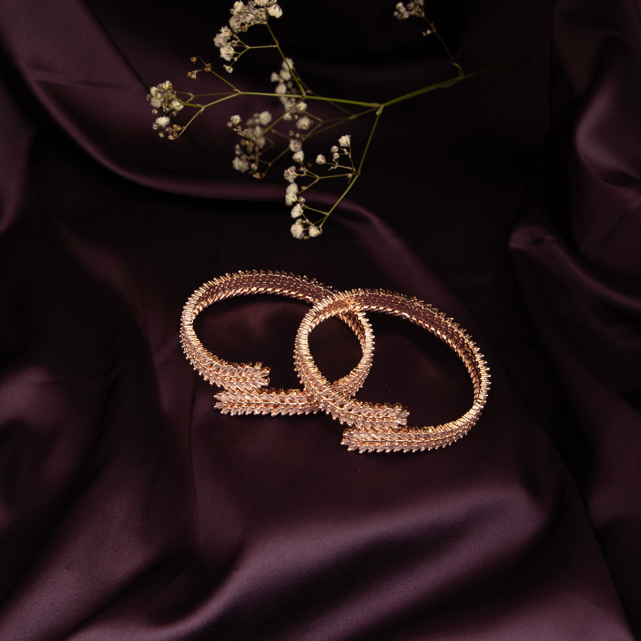 Elegant Rose Gold Toned Leaf WrapBangles Set 0f 2