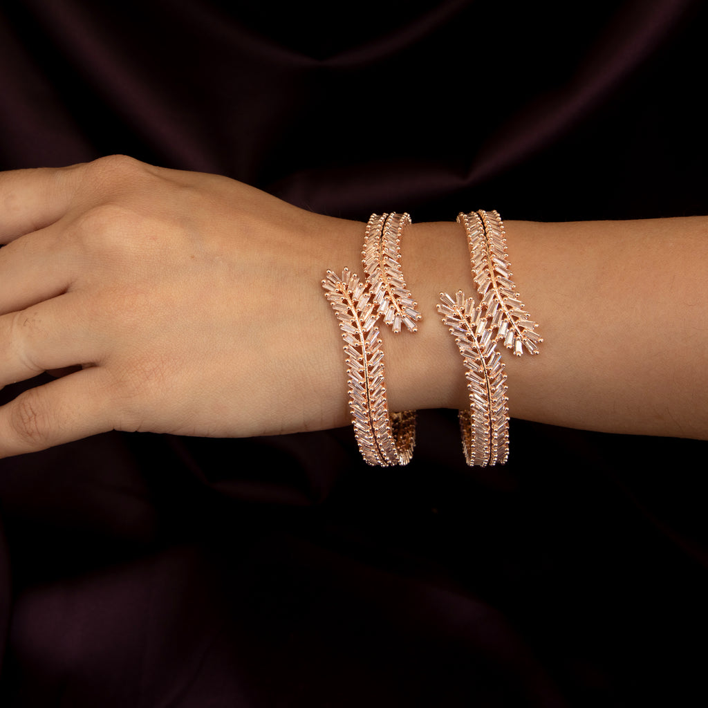 Elegant Rose Gold Toned Leaf WrapBangles Set 0f 2