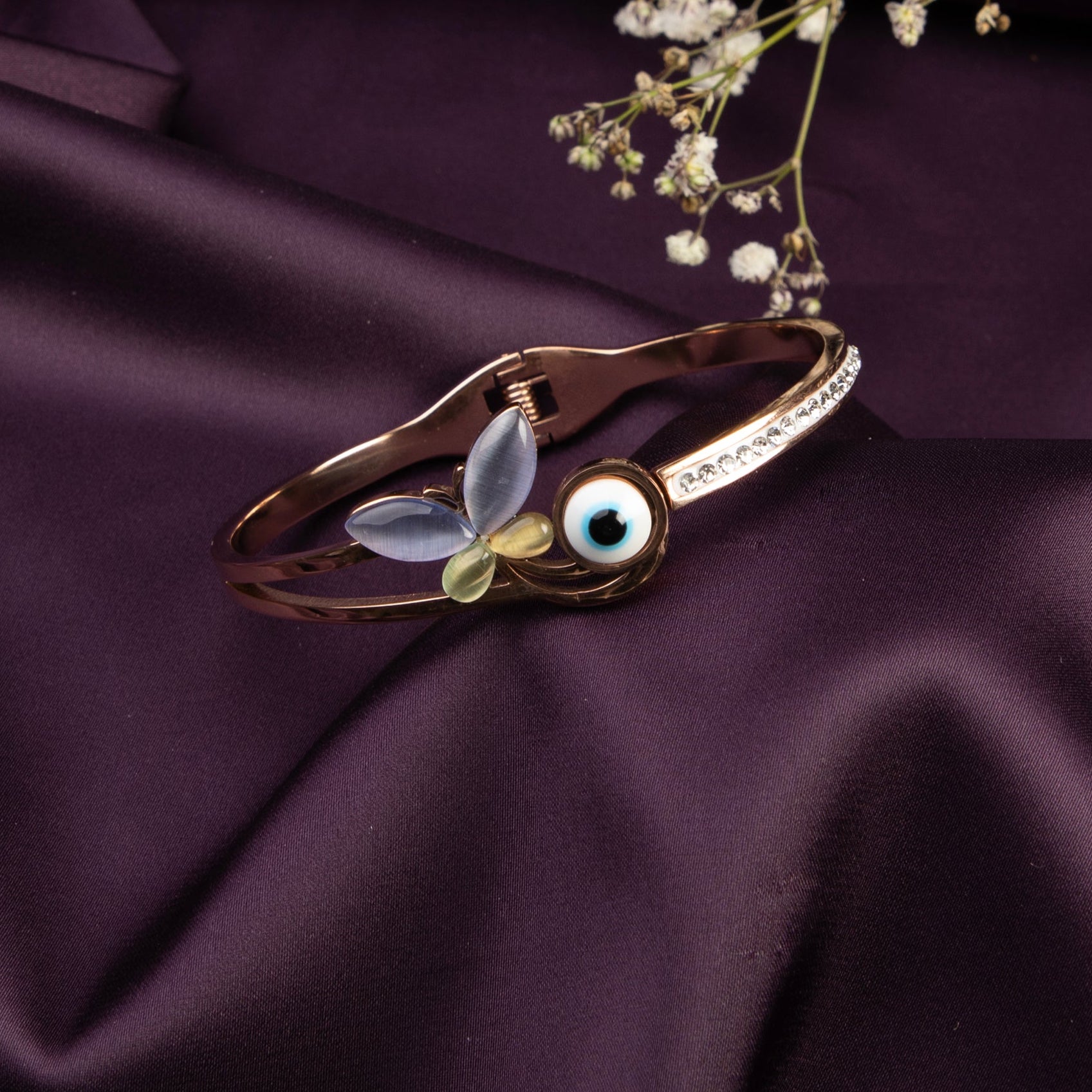 LA FILLE D'OR Evil Eye Butterfly Bracelet, Rose Gold Toned Crystal Bangle, Hinged Design