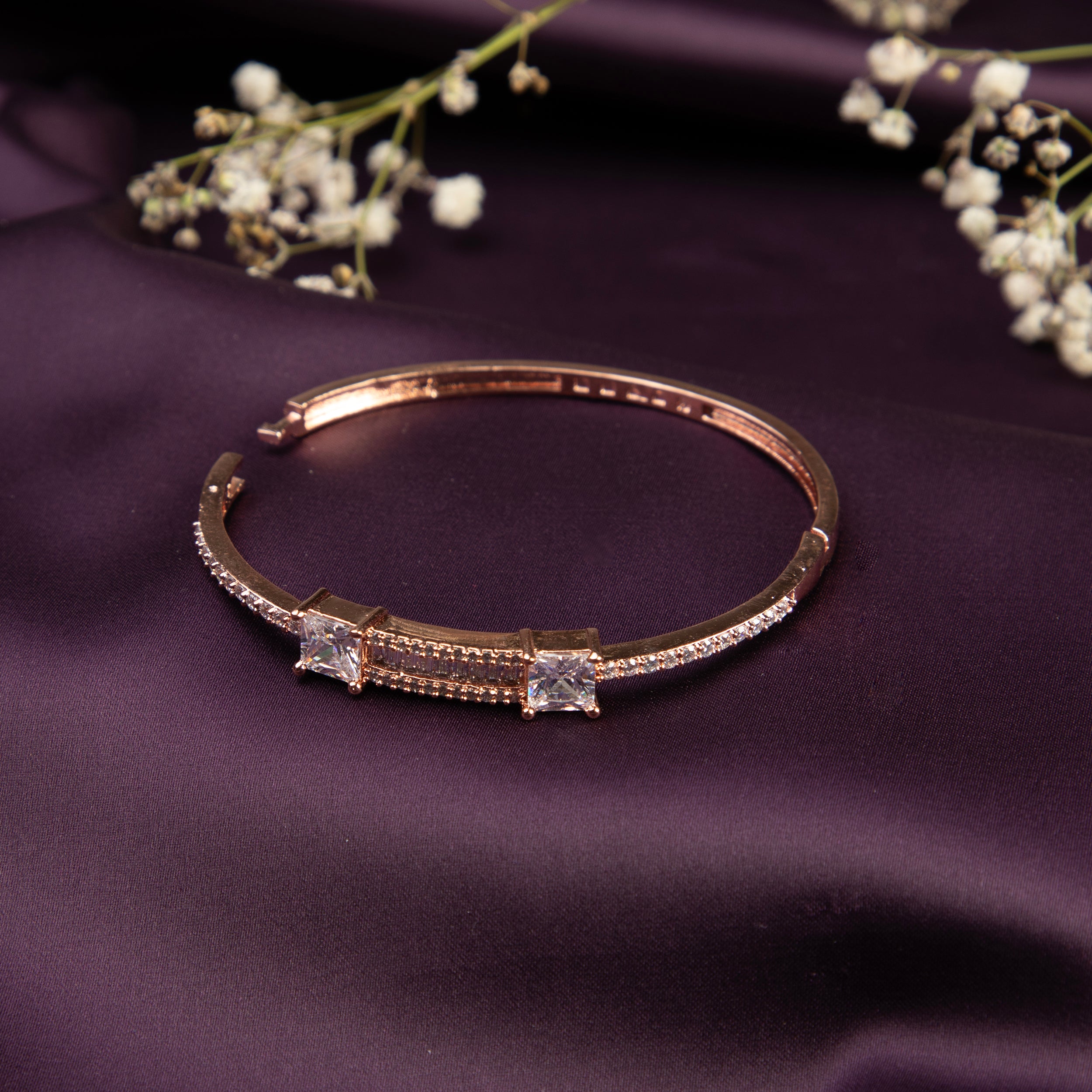 Rose Gold colour Bangle Bracelet with Cubic Zirconia Stones