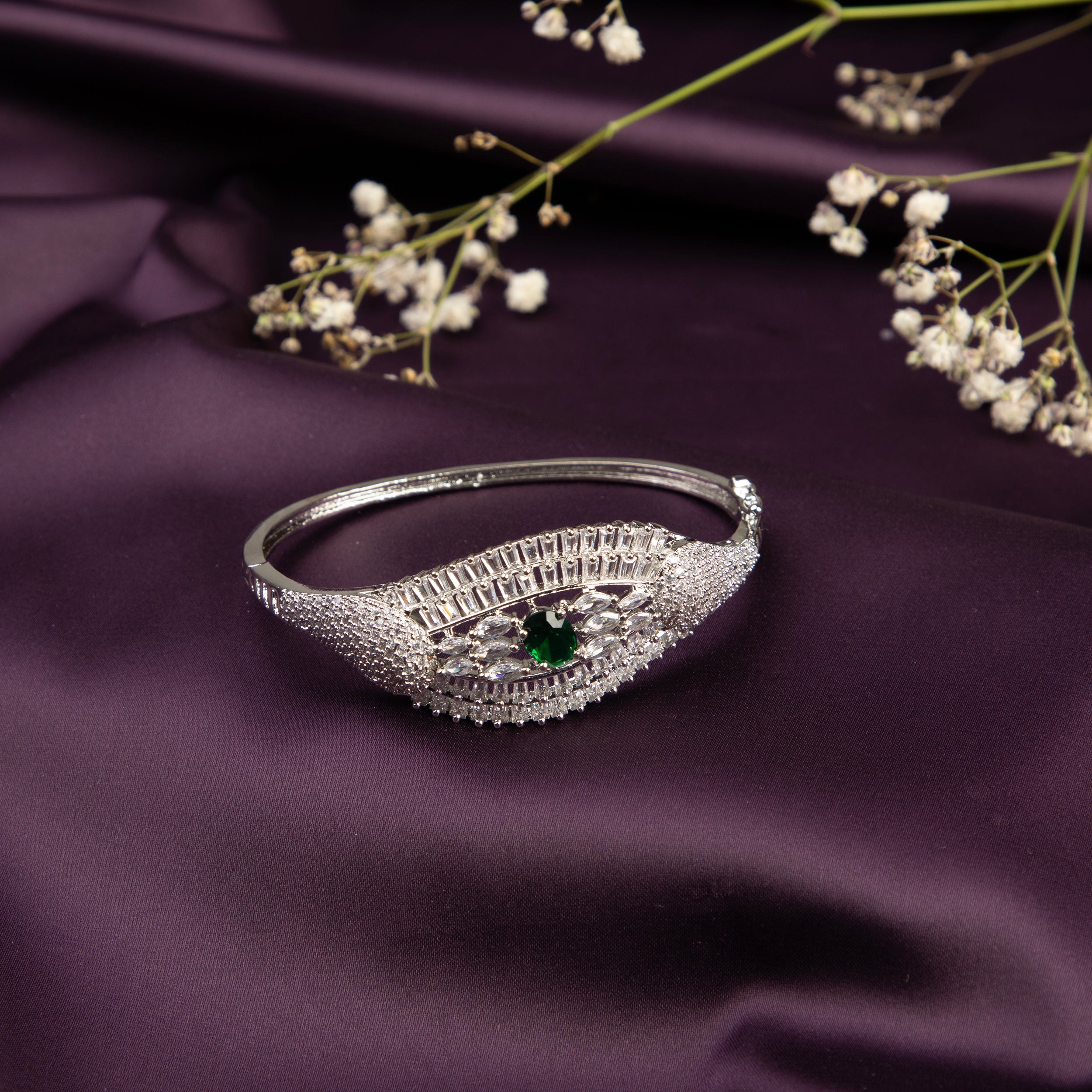 LA FILLE D'OR Silver Colour Banglestyle bracelet  with EMRALD GREEN Stone Accents, American Diamond Studded.