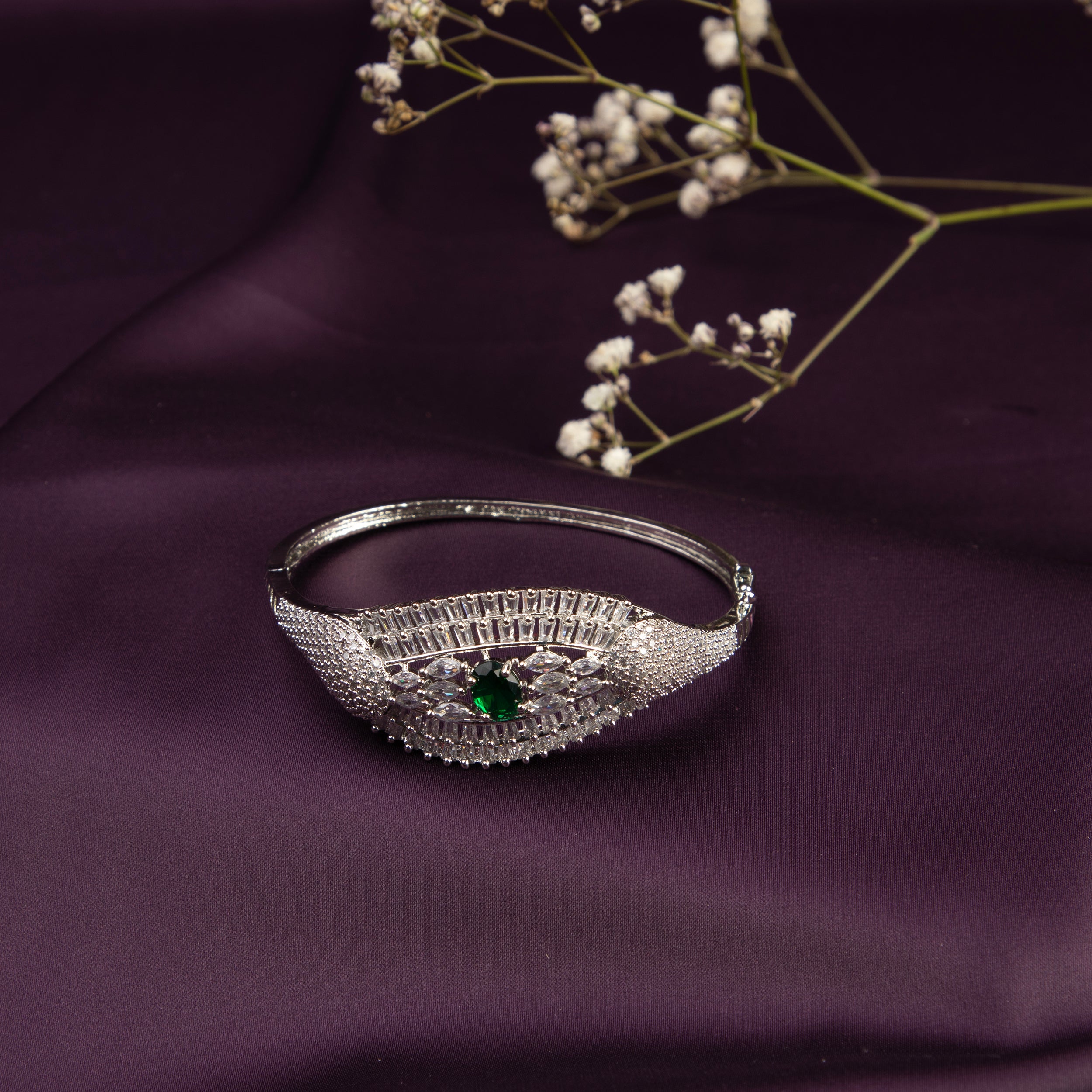 LA FILLE D'OR Silver Colour Banglestyle bracelet  with EMRALD GREEN Stone Accents, American Diamond Studded.