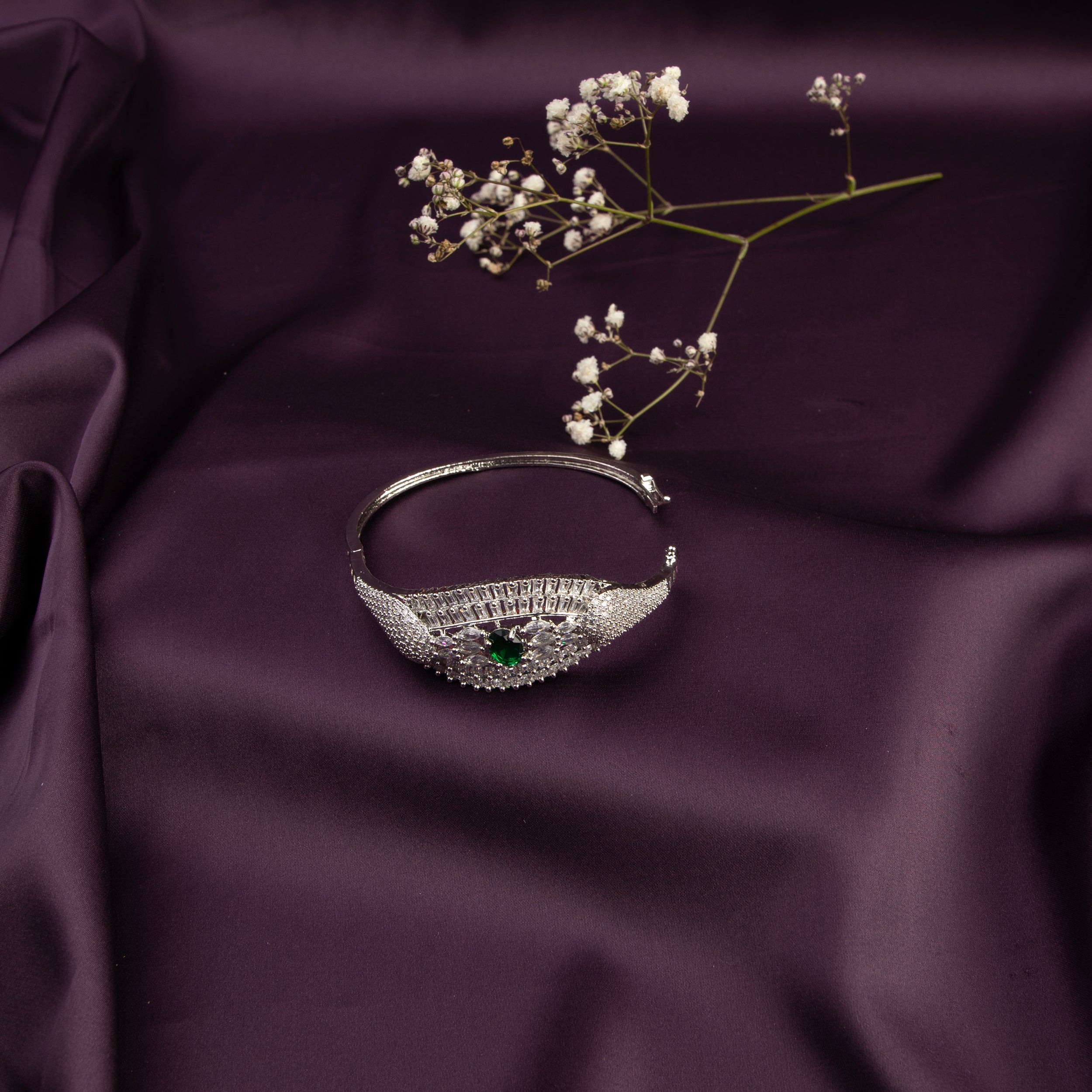 LA FILLE D'OR Silver Colour Banglestyle bracelet  with EMRALD GREEN Stone Accents, American Diamond Studded.