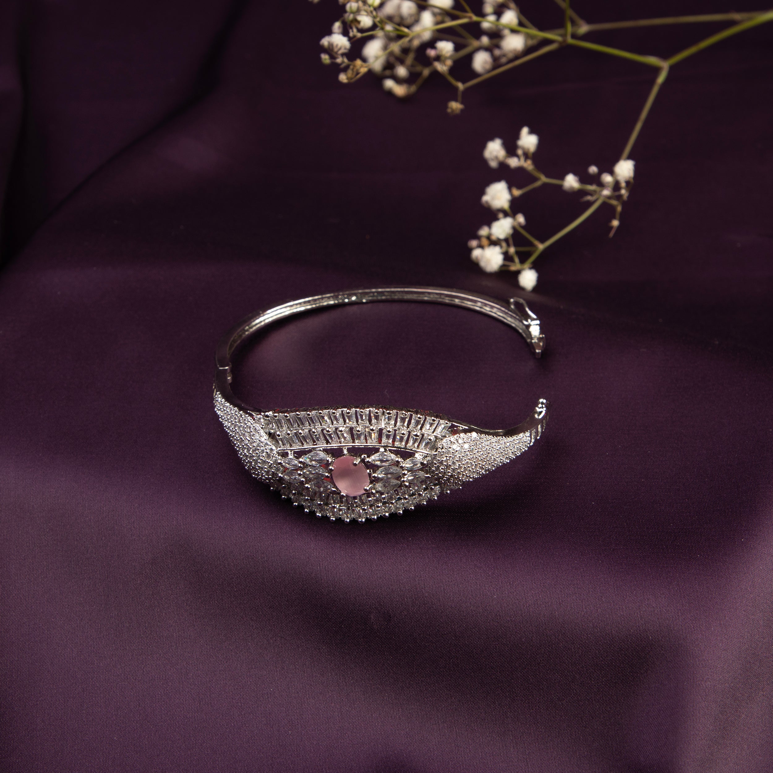 LA FILLE D'OR Silver Colour Bangle style bracelet with Pink Stone Accents, American Diamond Studded (PINK)