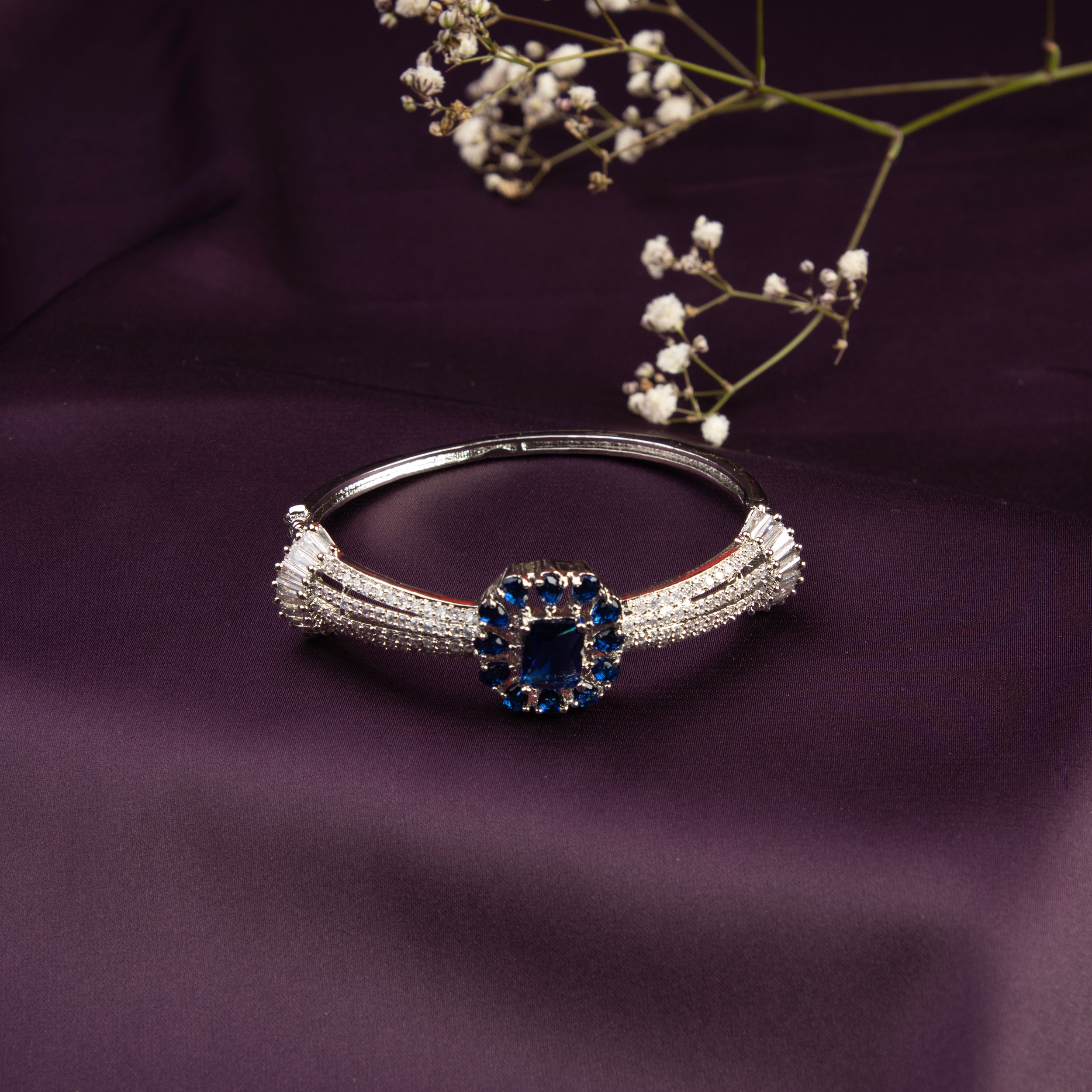 LA FILLE D'OR Silver colour brass Bracelet with Blue Stone, American Diamond Accents.
