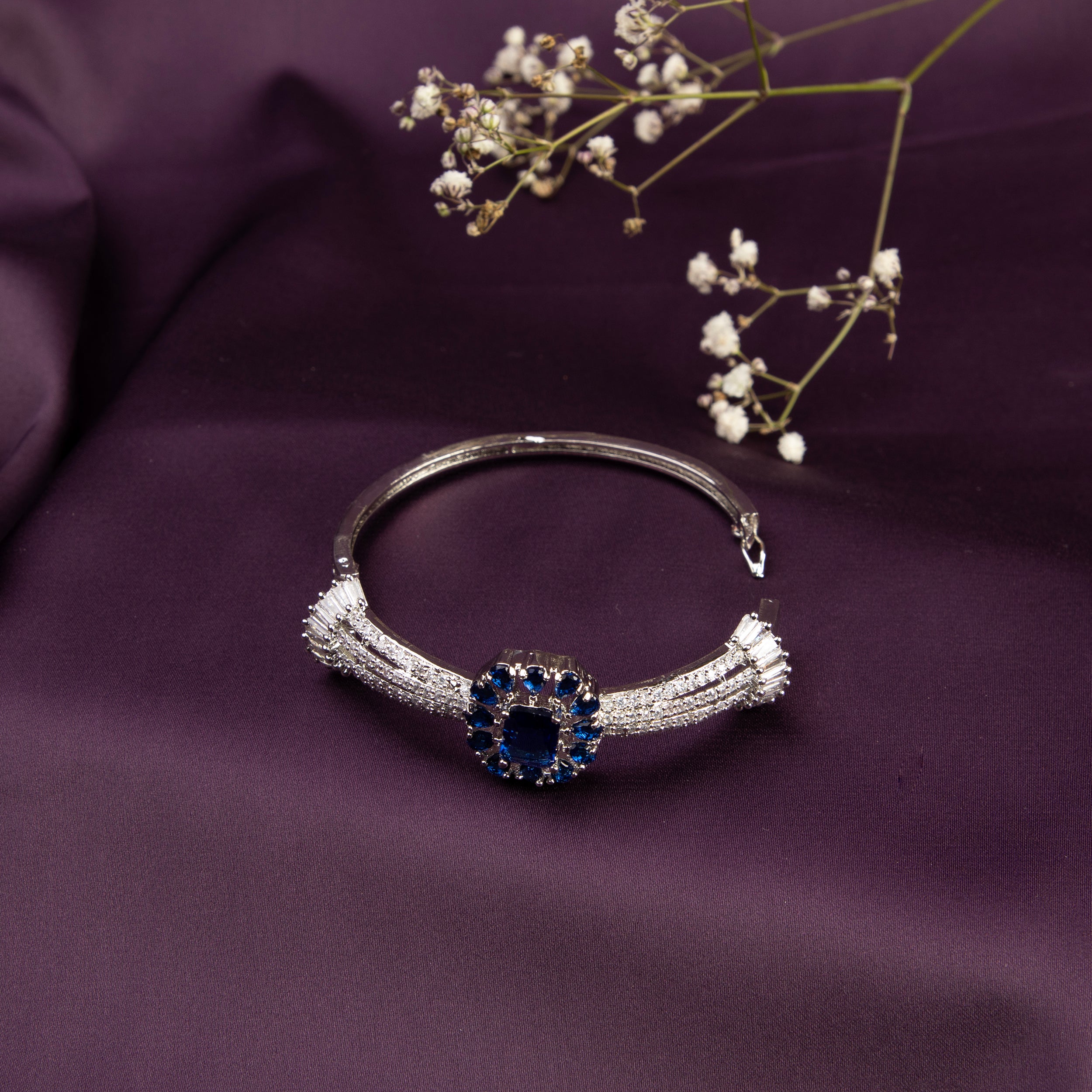 LA FILLE D'OR Silver colour brass Bracelet with Blue Stone, American Diamond Accents.