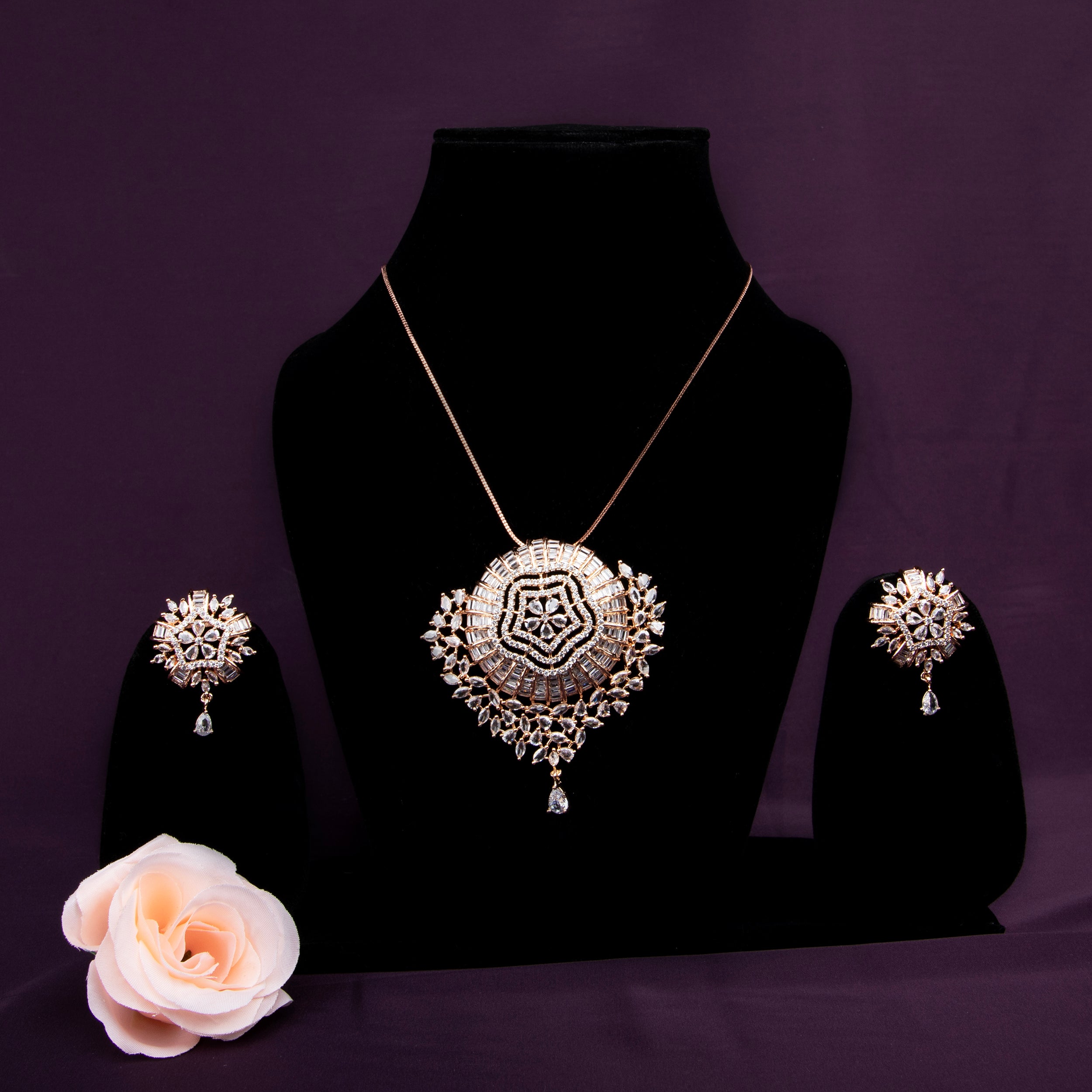 LA FILLE D'OR Rose Gold Plated Necklace Set with Intricate Crystal Embellished Pendant.