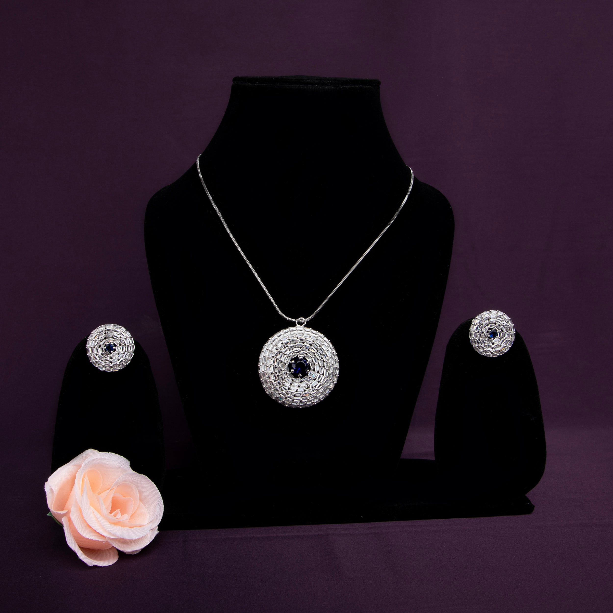 Jewellery Pendant Set with american diamonds with Earrings (BLUE, ONE SIZE)