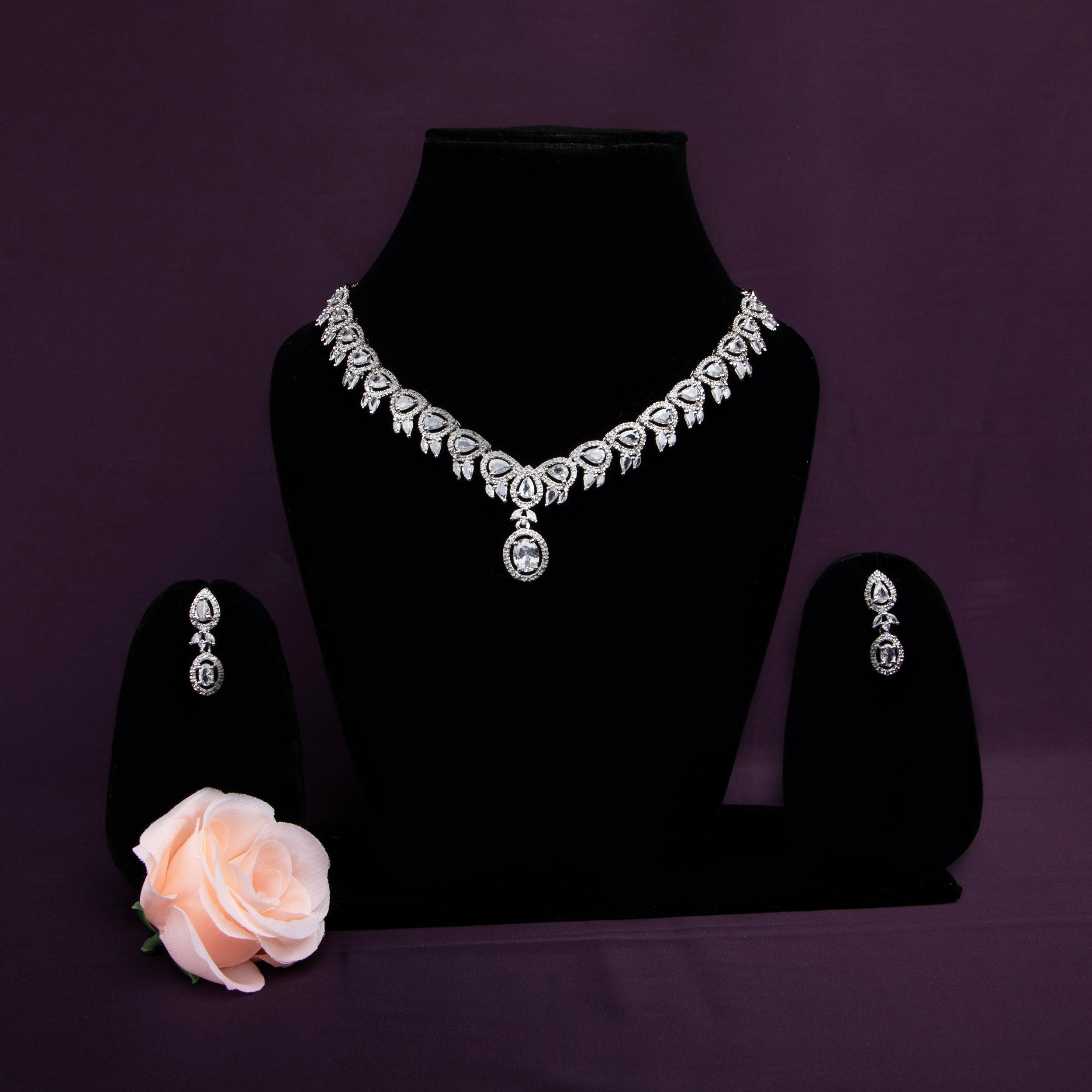 Elegant Cubic Zirconia Necklace Set with Drop Earrings.