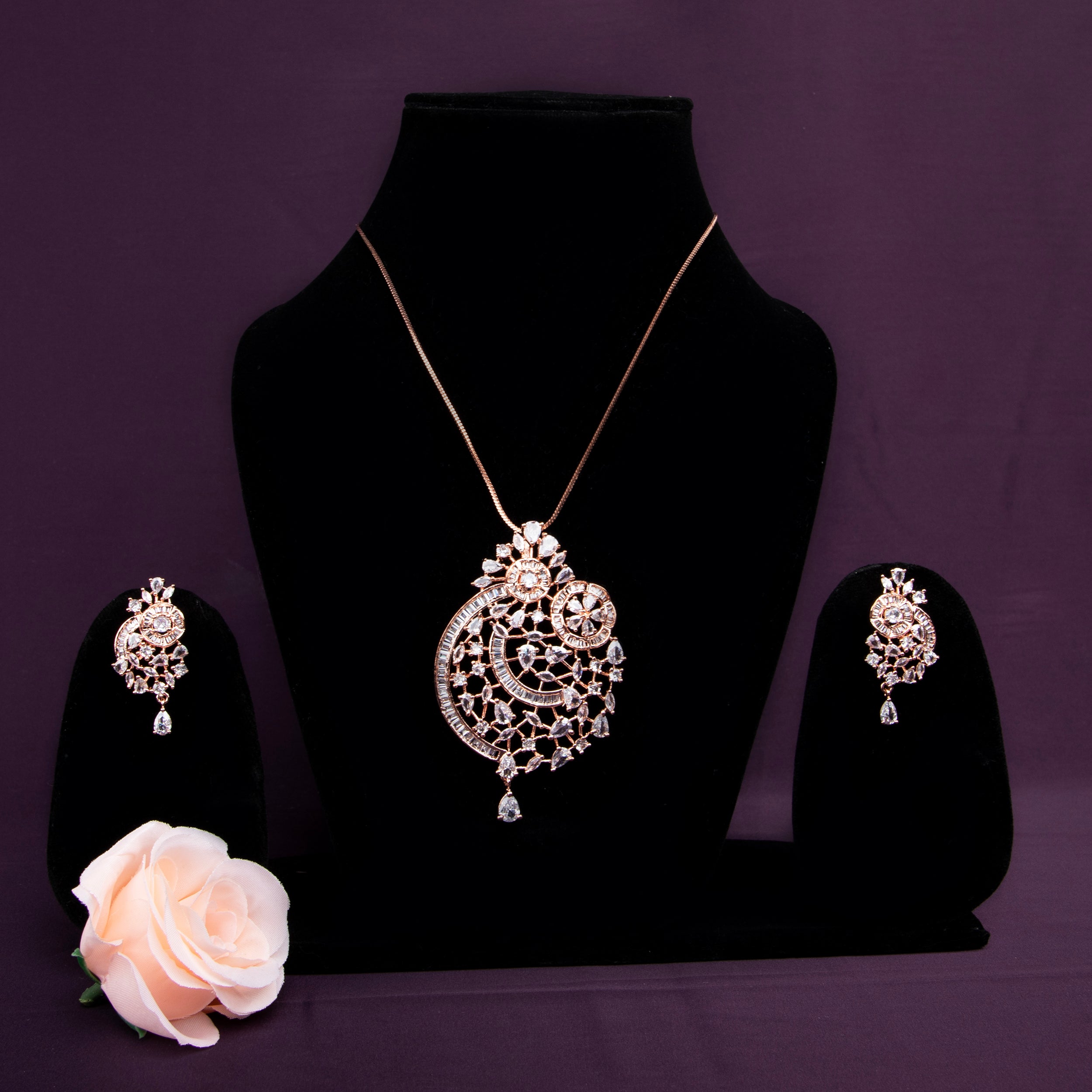 LA FILLE D'OR Rose Gold Plated Rhinestone Pendant Jewelery Set with earrings