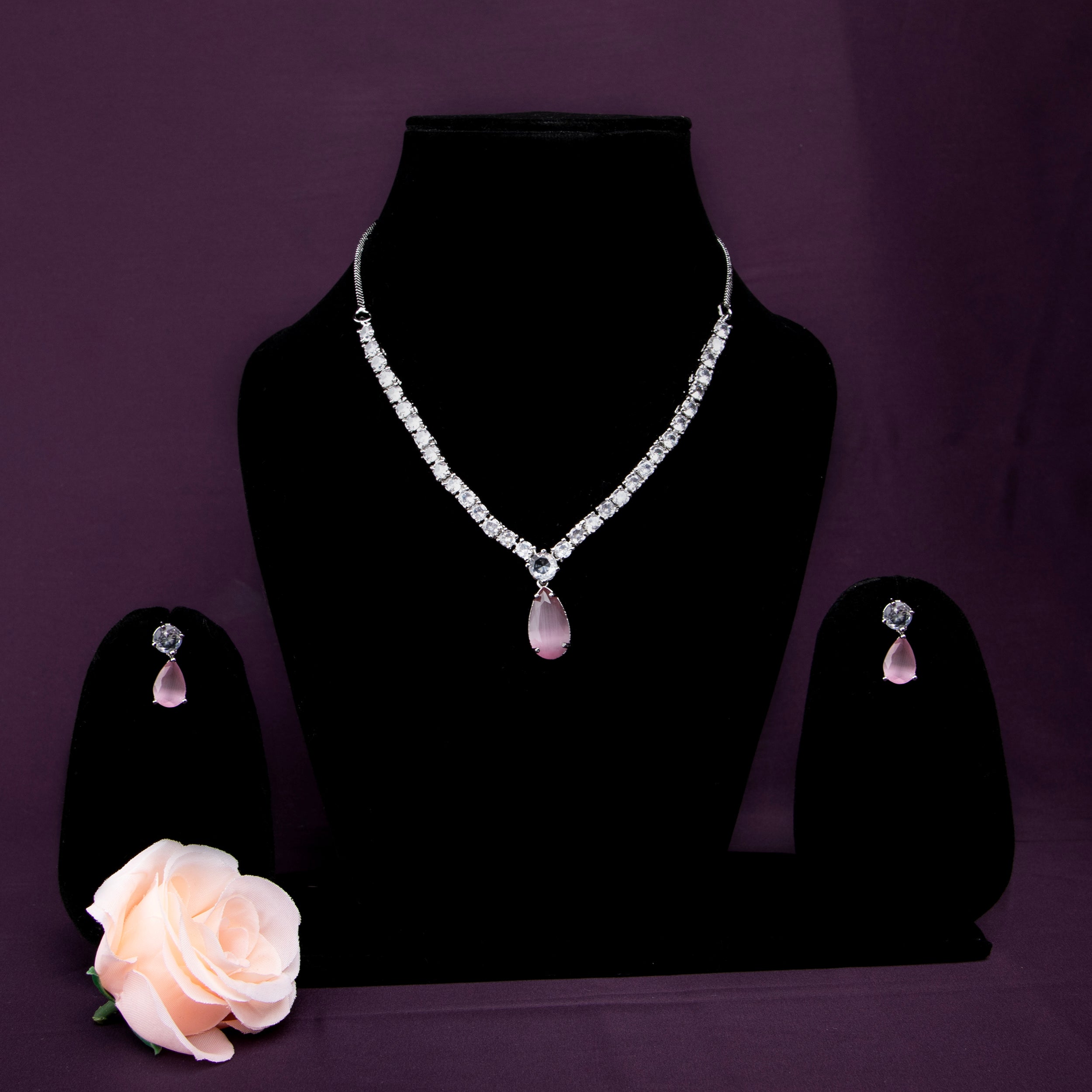 PINK Teardrop Necklace Set with Cubic Zirconia (PINK, ONE SIZE)