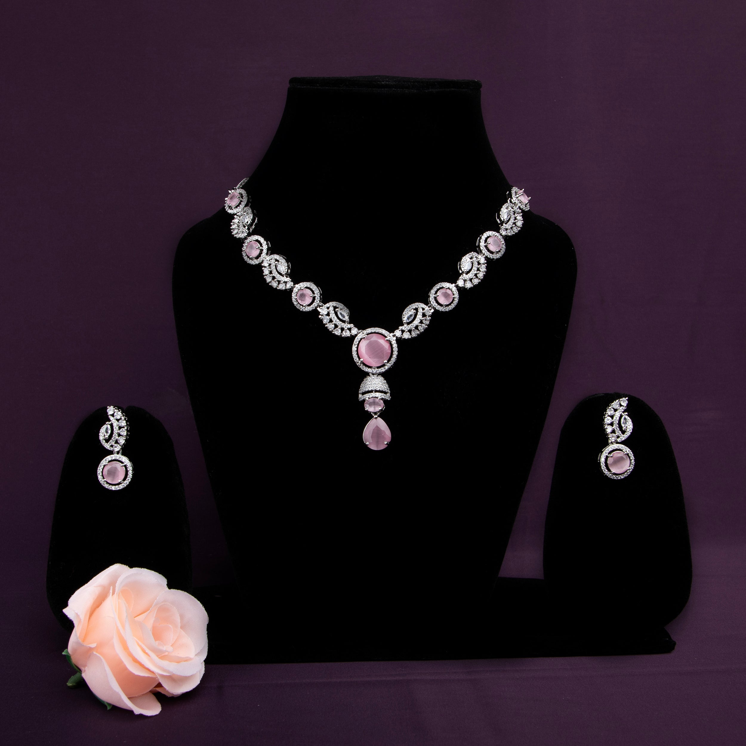 LA FILLE D'OR Elegant Pink and White Crystal Necklace Set with Earrings (PINK, ONE SIZE)