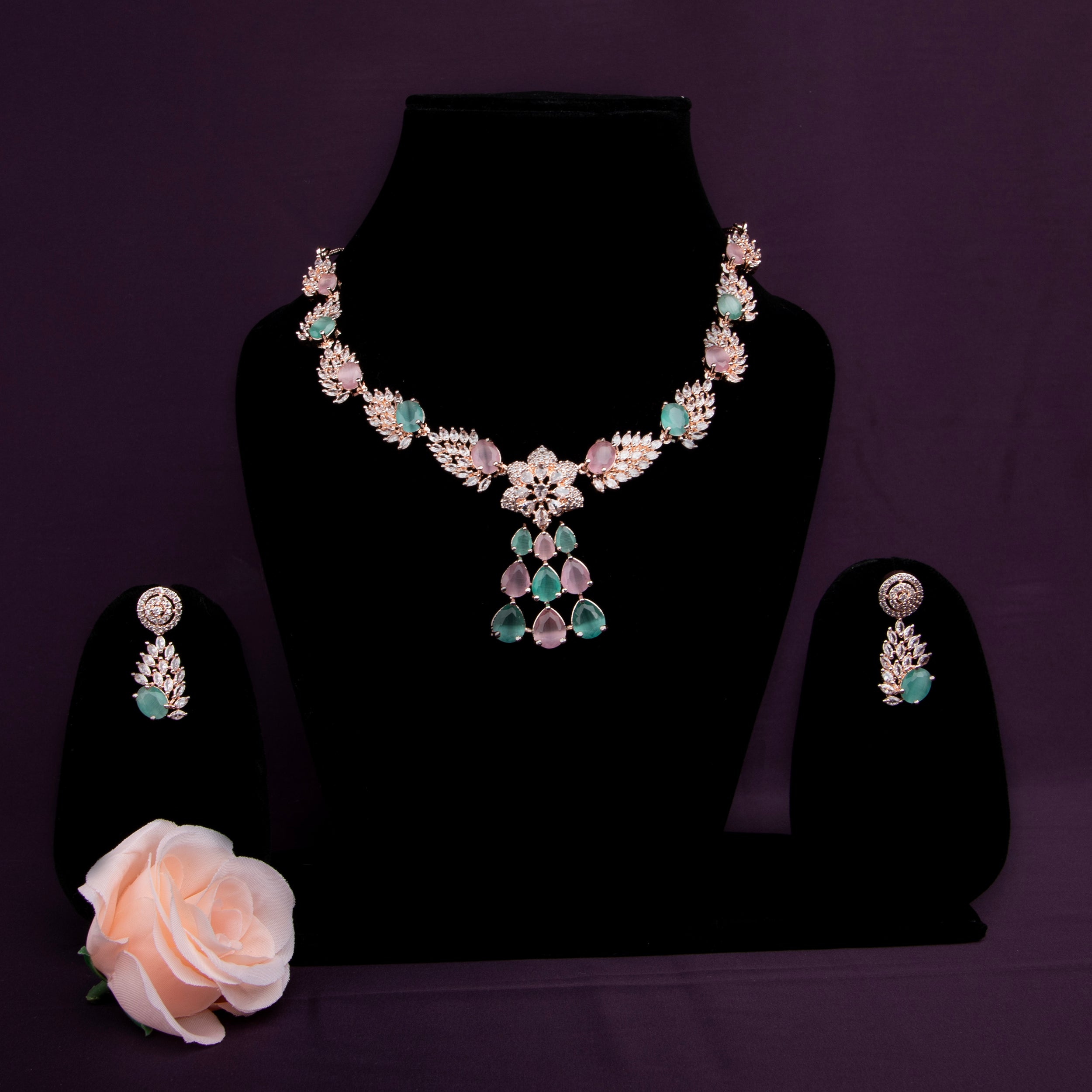 Elegant Rose Gold Necklace Set with Pink and Mint Green stones.