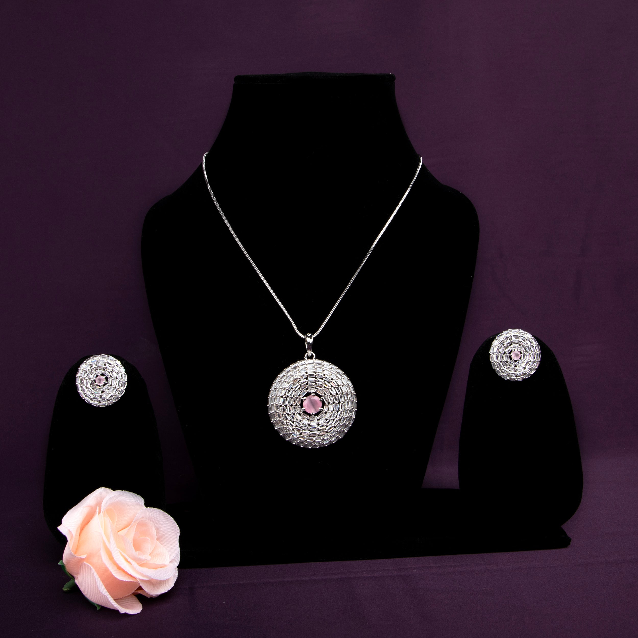 LA FILLE D'OR Jewellery Pendant Set with american diamonds with Earrings (PINK, ONE SIZE)