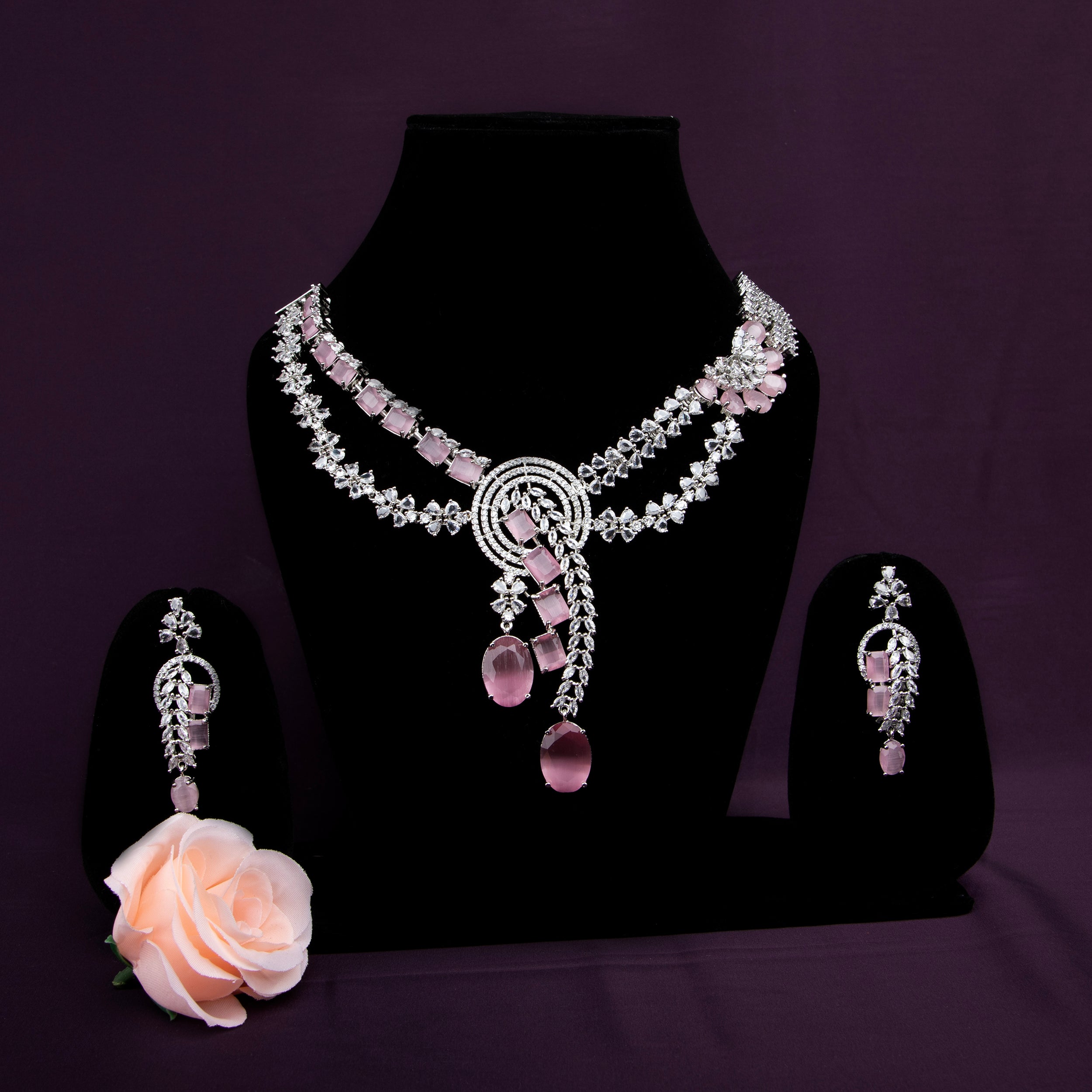 LA FILLE D'OR Elegant Pink Crystal Jewellery Set, Necklace with Earrings, 42 cm