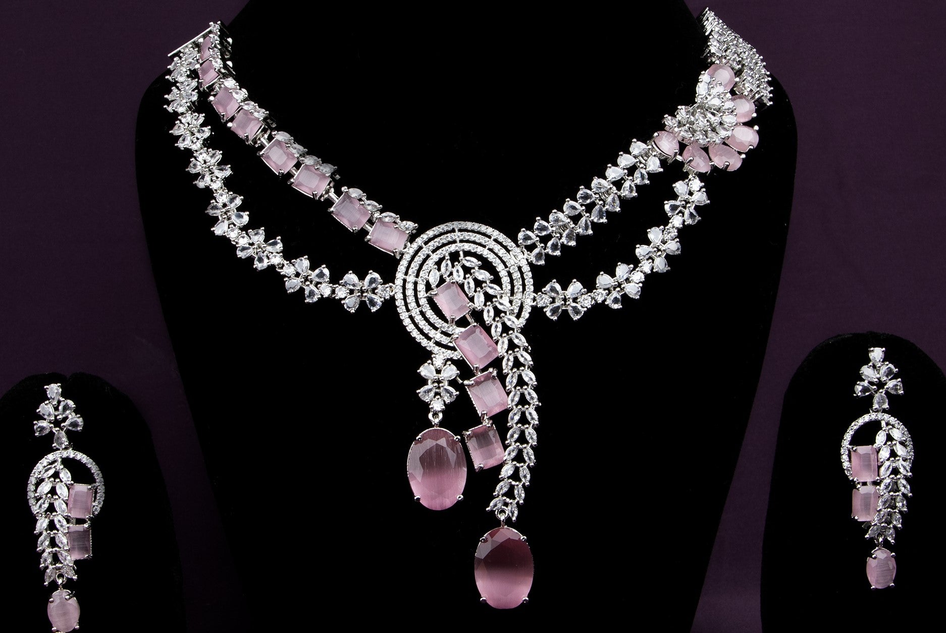 LA FILLE D'OR Elegant Pink Crystal Jewellery Set, Necklace with Earrings, 42 cm