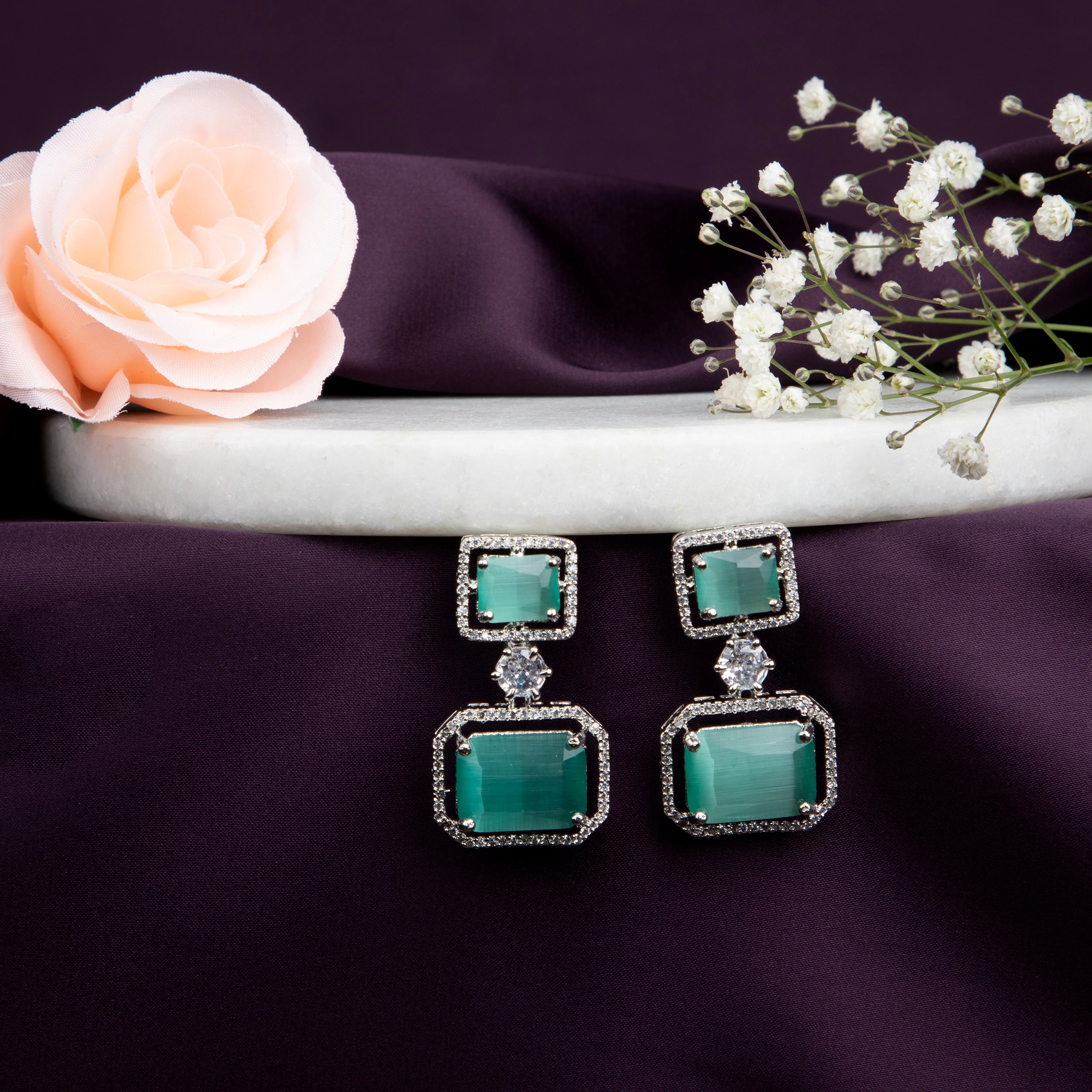 Emerald and Diamond Drop Earrings , Rectangles and Square Stones