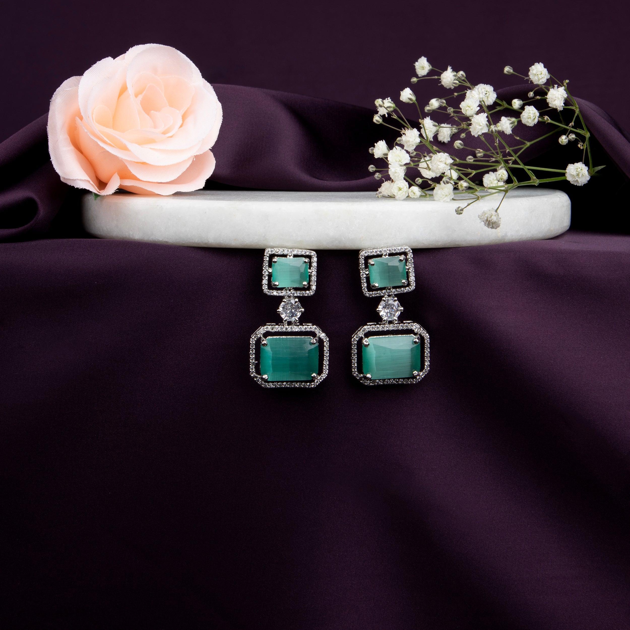 Emerald and Diamond Drop Earrings , Rectangles and Square Stones