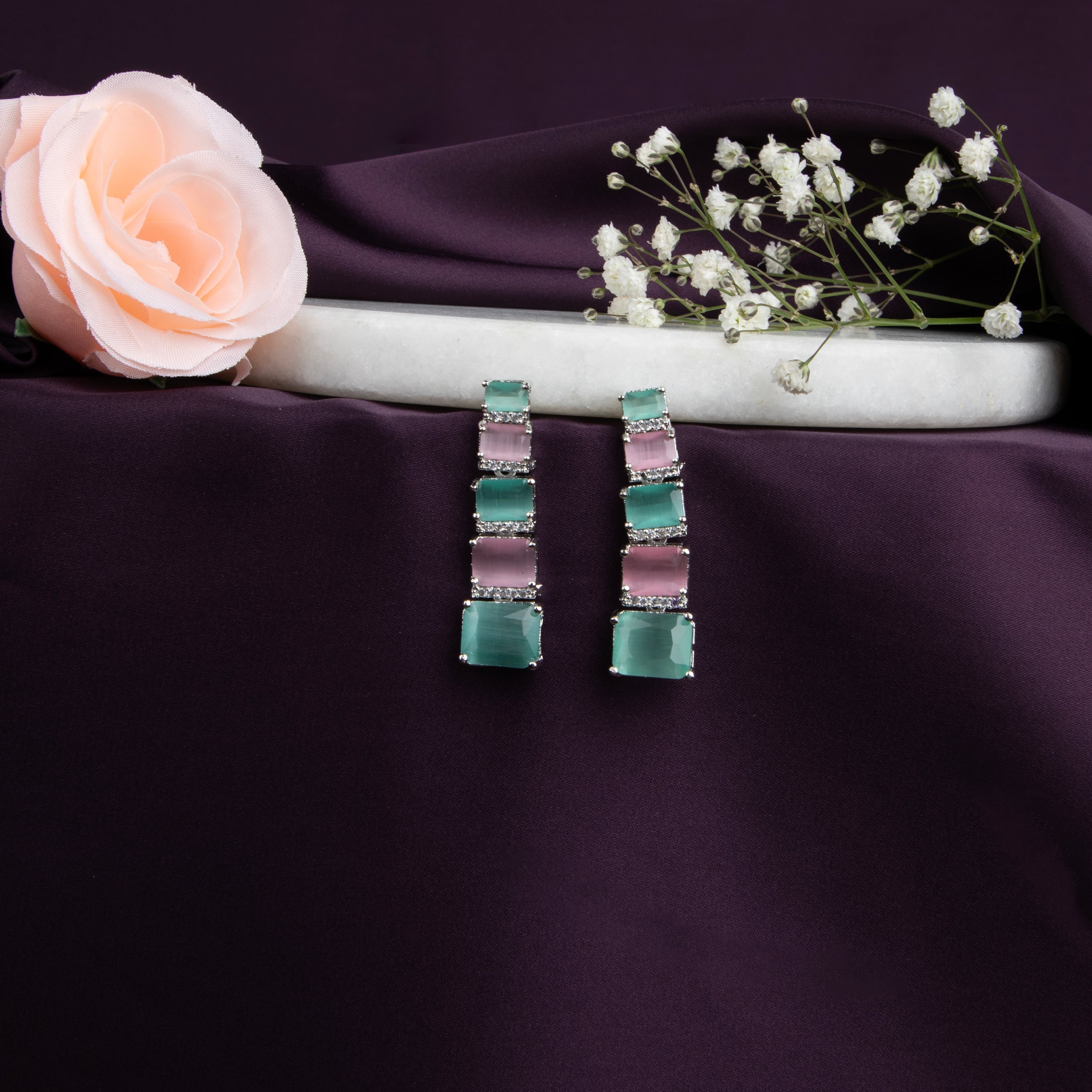 Emerald Green  and pink Gemstone Earrings with American Diamonds, 6 Rectangular Stones Each