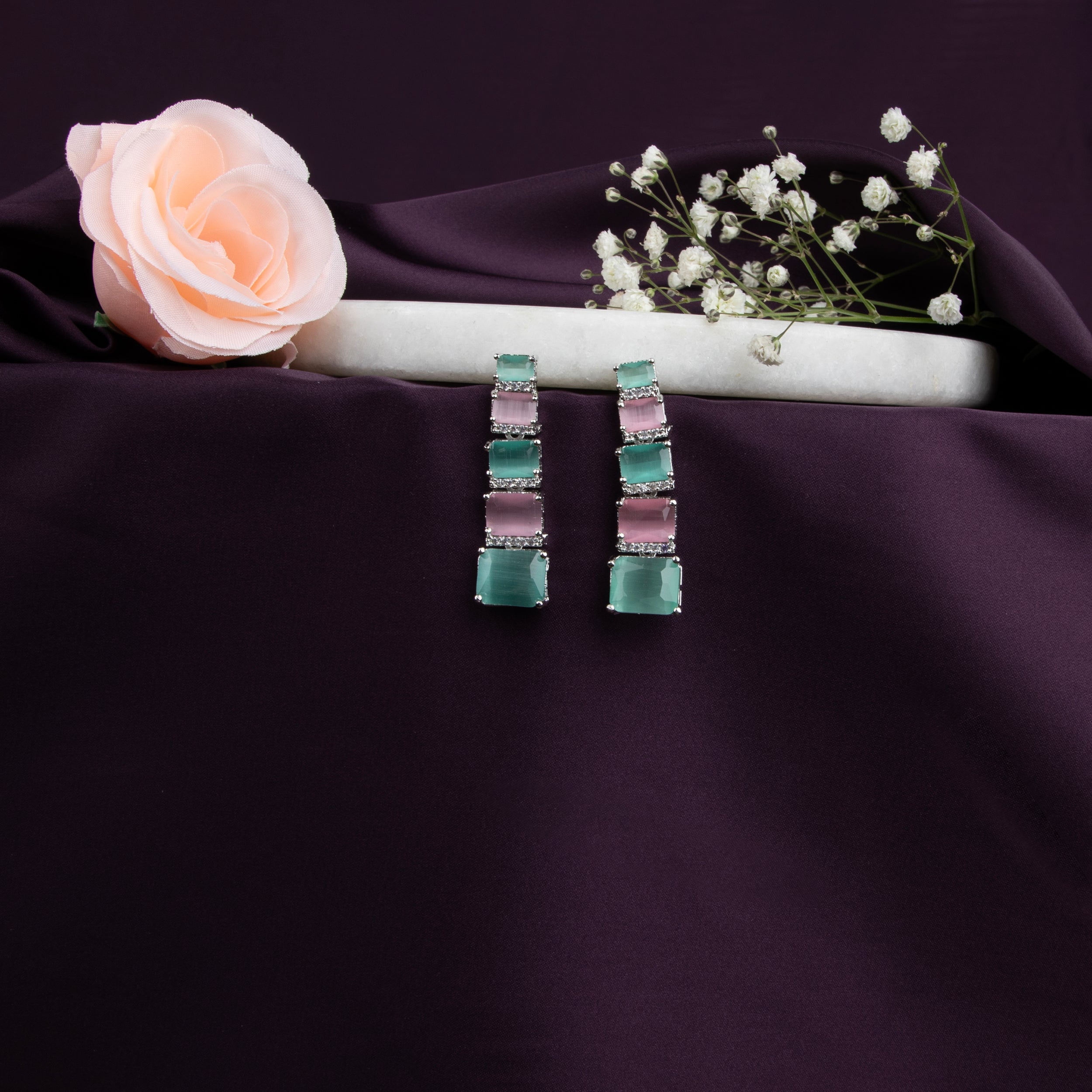 Emerald Green  and pink Gemstone Earrings with American Diamonds, 6 Rectangular Stones Each