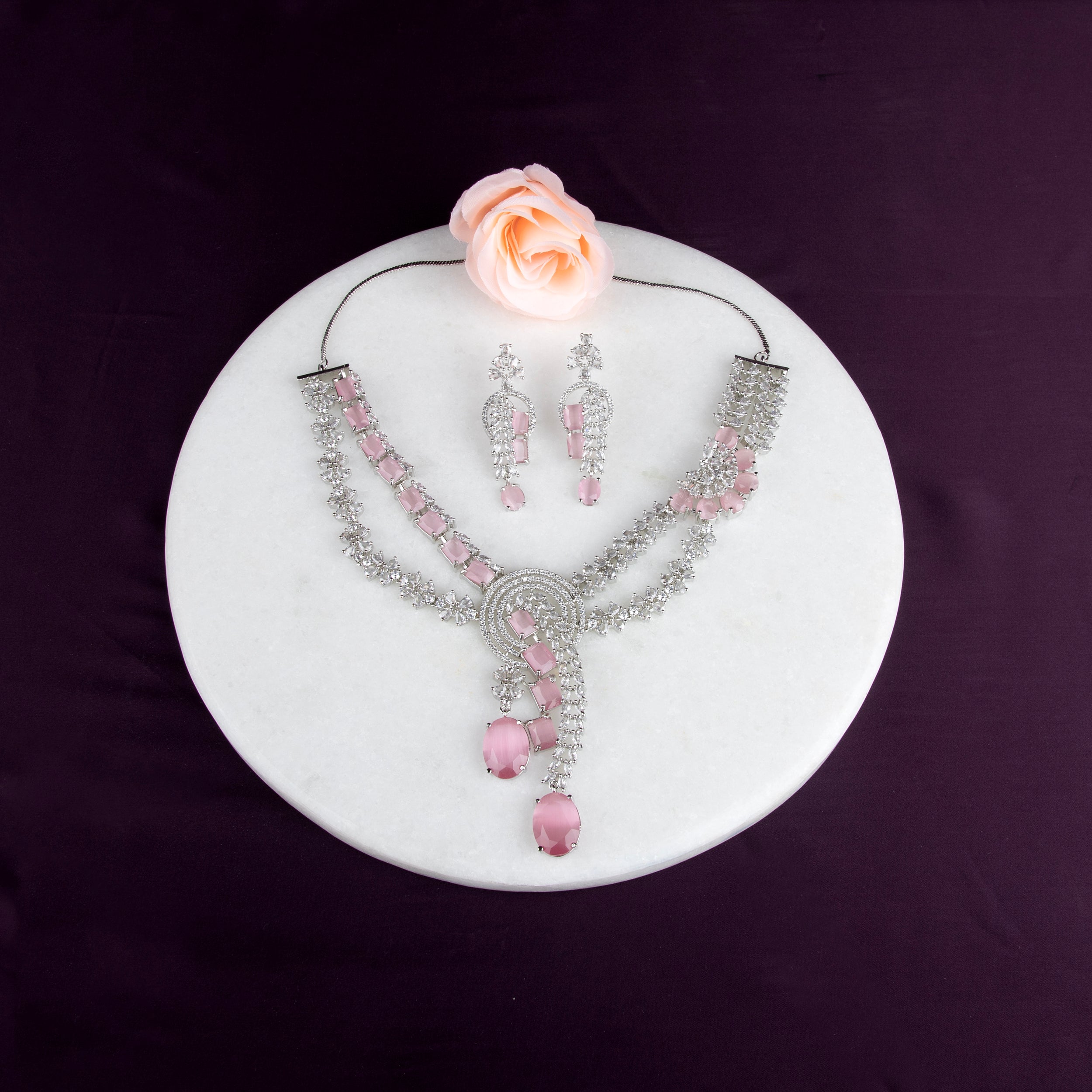 LA FILLE D'OR Elegant Pink Crystal Jewellery Set, Necklace with Earrings, 42 cm