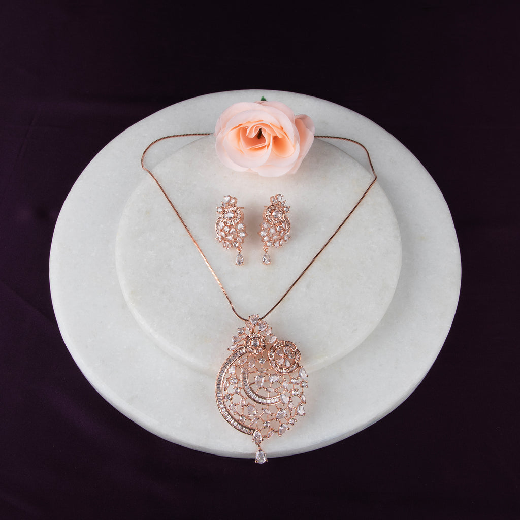 LA FILLE D'OR Rose Gold Plated Rhinestone Pendant Jewelery Set with earrings