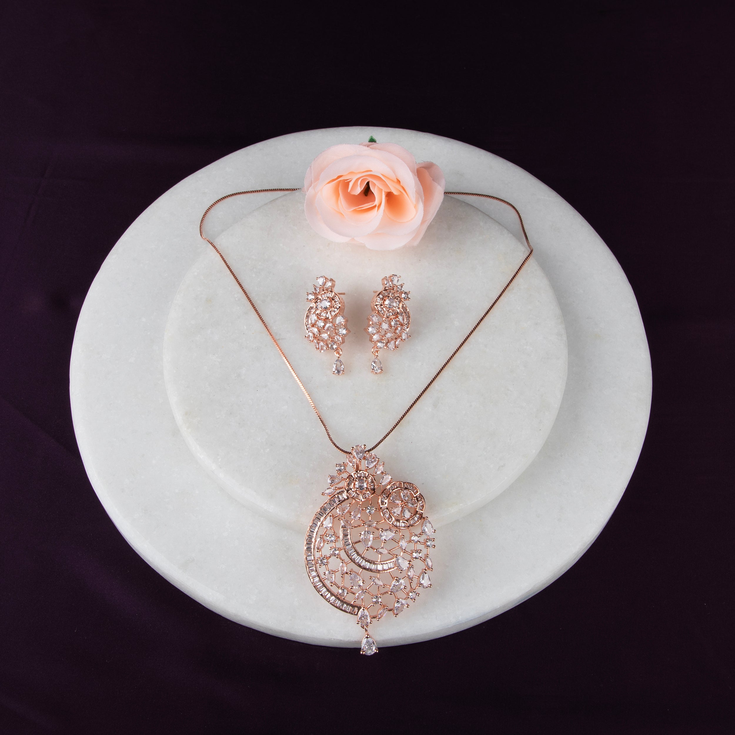 LA FILLE D'OR Rose Gold Plated Rhinestone Pendant Jewelery Set with earrings