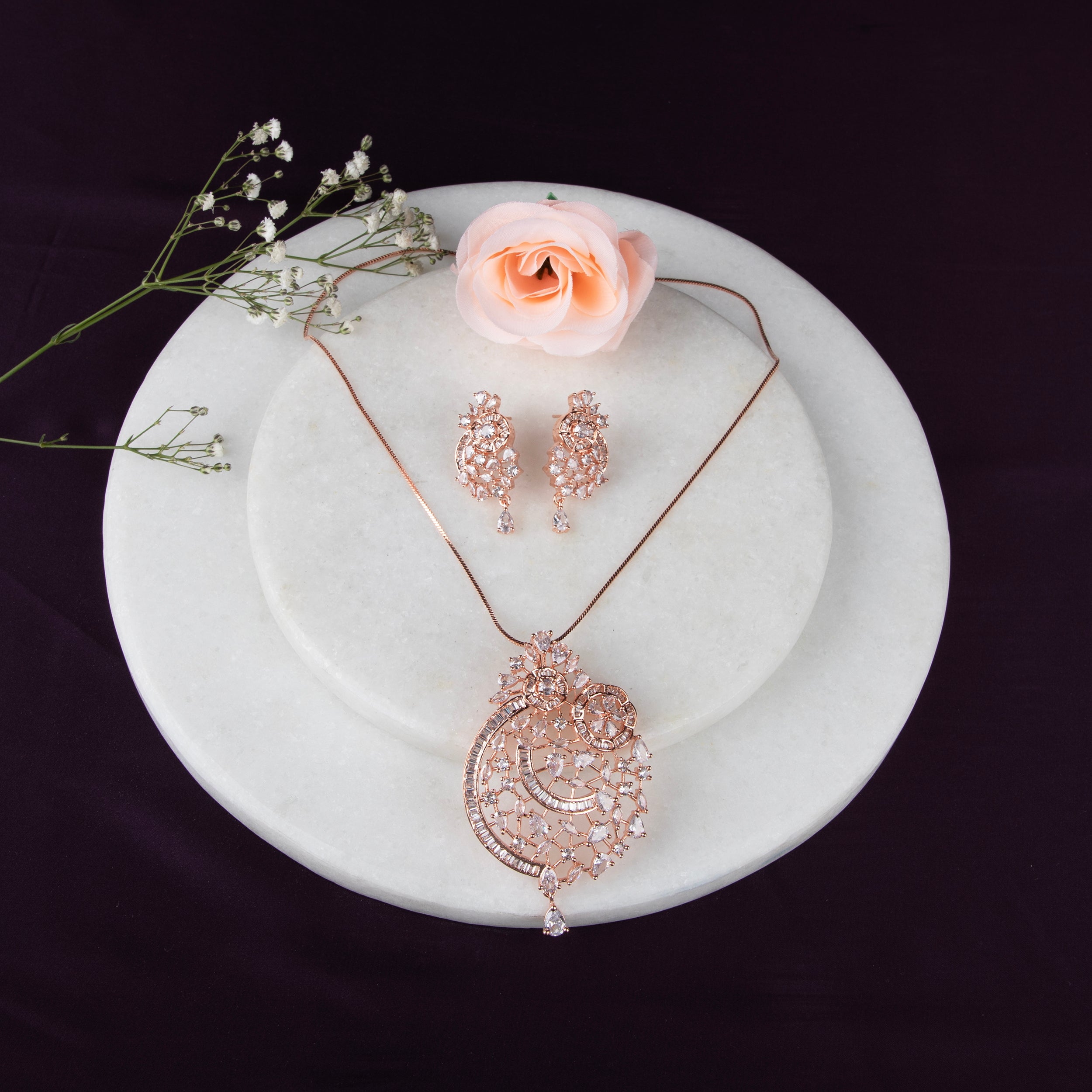 LA FILLE D'OR Rose Gold Plated Rhinestone Pendant Jewelery Set with earrings