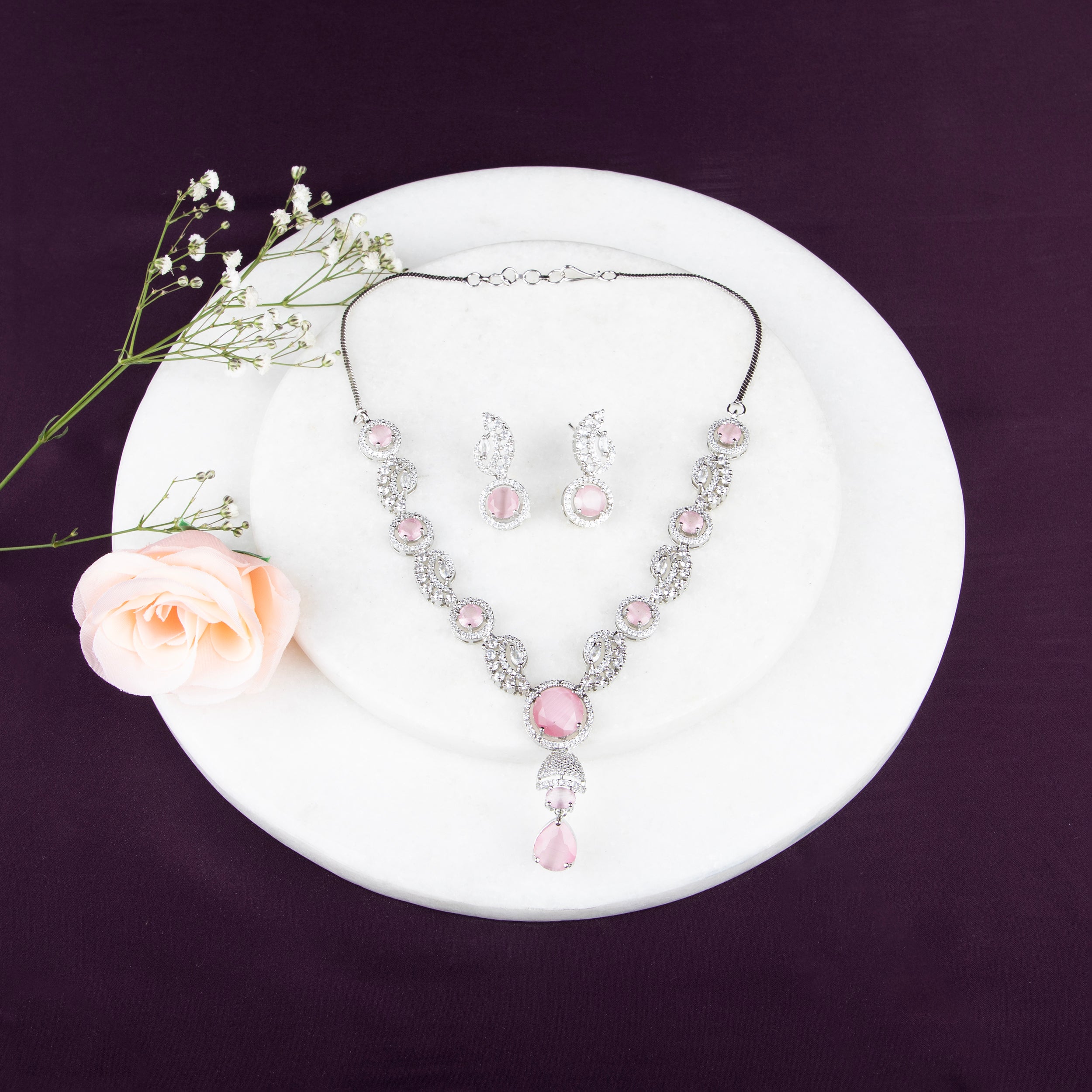 LA FILLE D'OR Elegant Pink and White Crystal Necklace Set with Earrings (PINK, ONE SIZE)