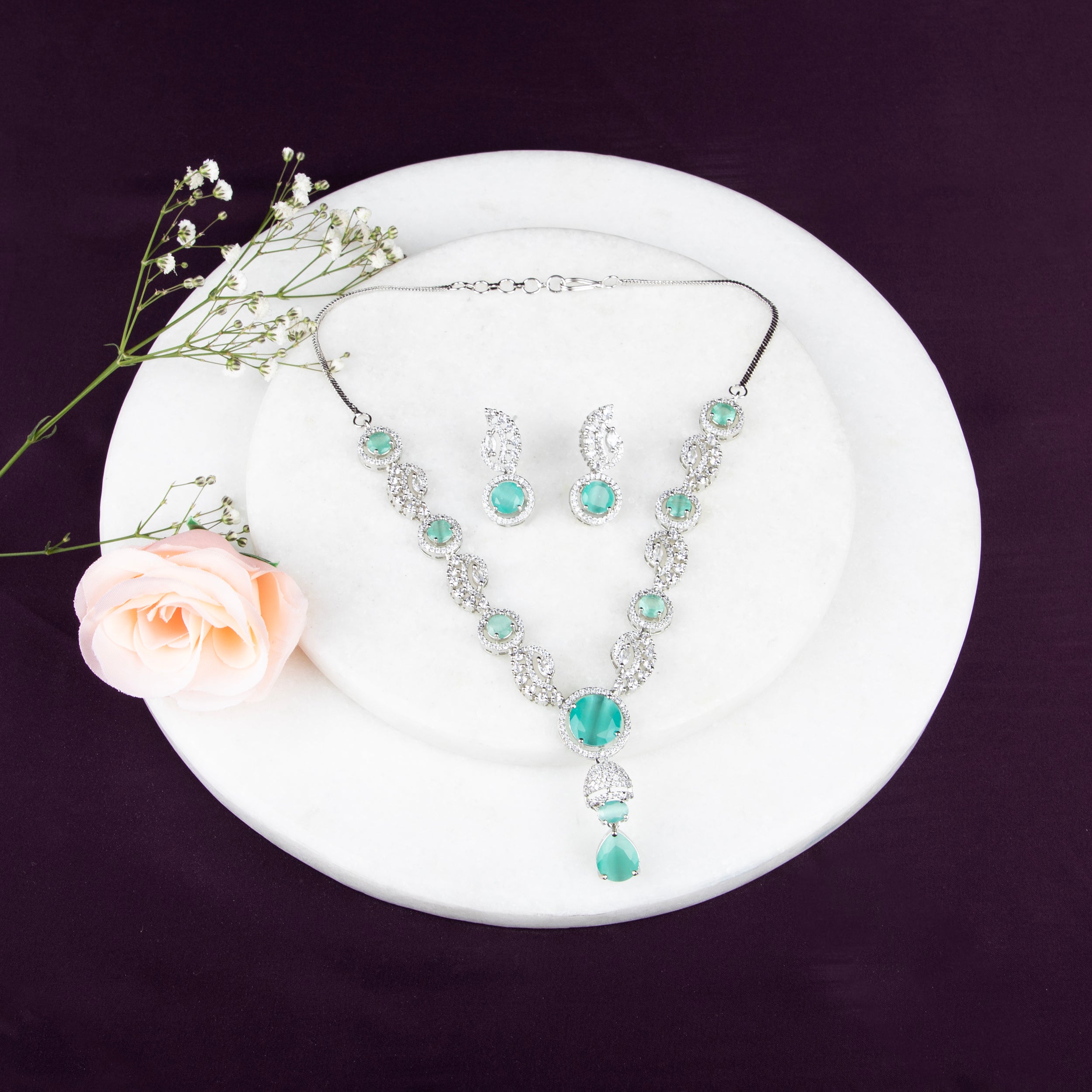 LA FILLE D'OR Elegant aquamarine and White Crystal Necklace Set with Earrings (MINT GREEN, ONE SIZE)