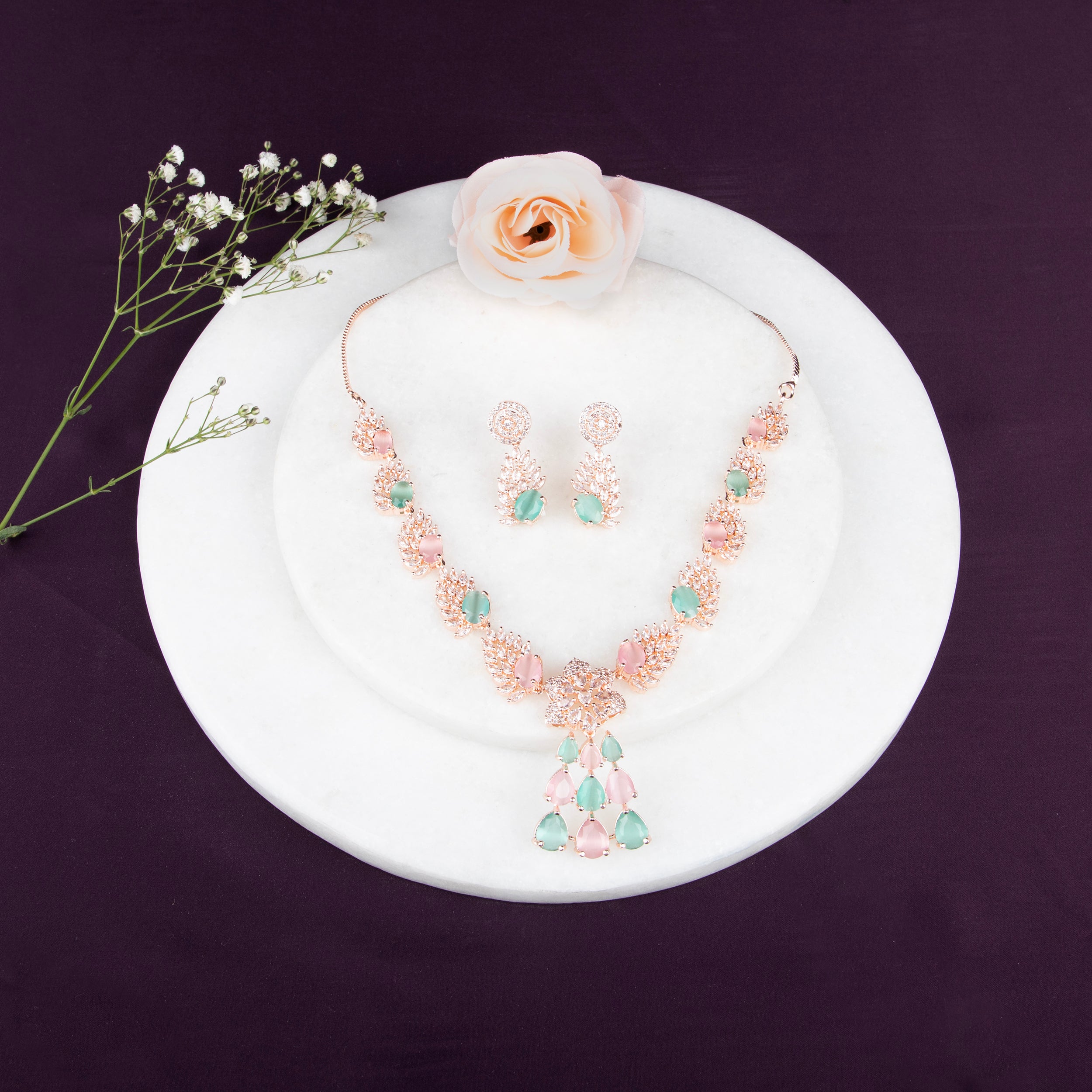 Elegant Rose Gold Necklace Set with Pink and Mint Green stones.