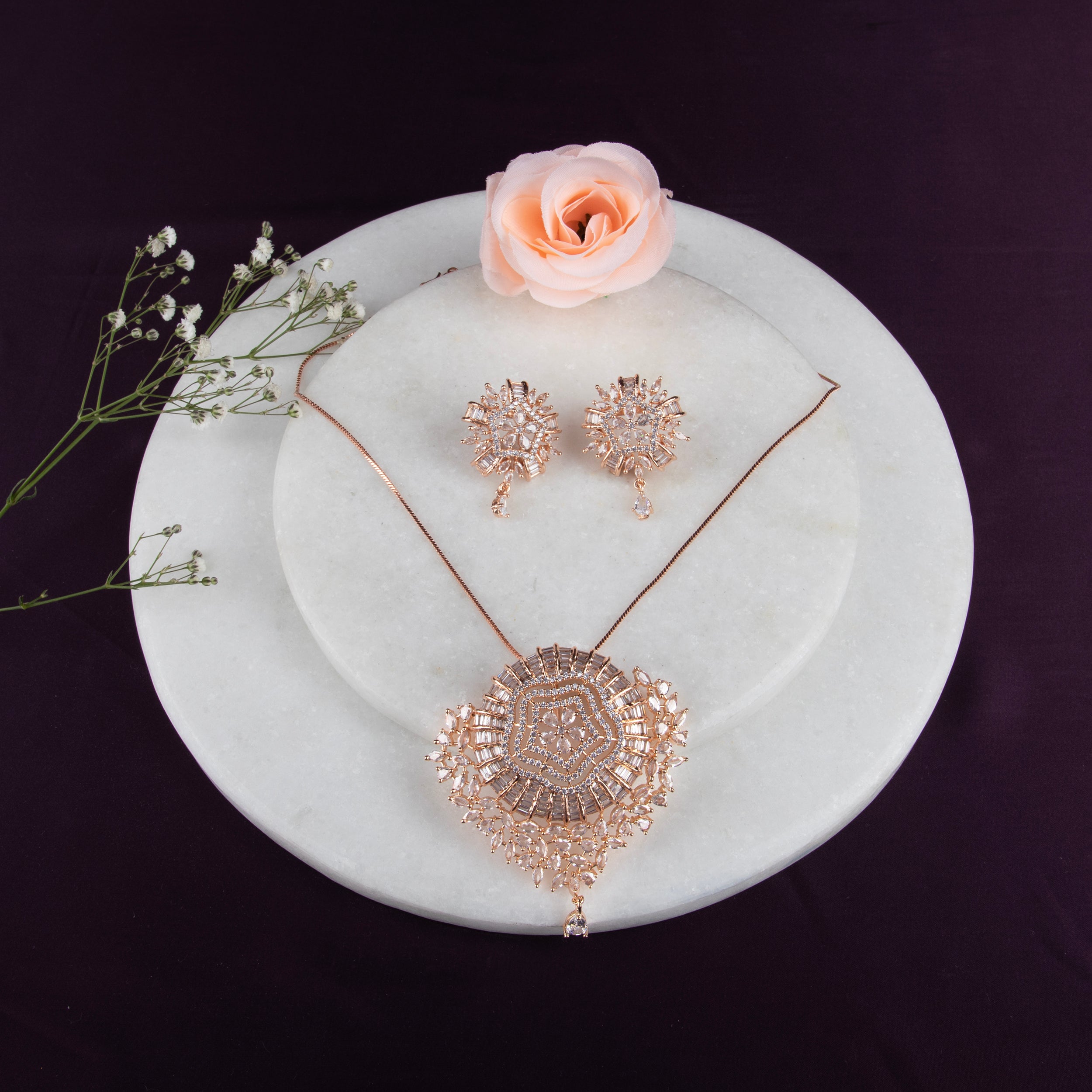 LA FILLE D'OR Rose Gold Plated Necklace Set with Intricate Crystal Embellished Pendant.