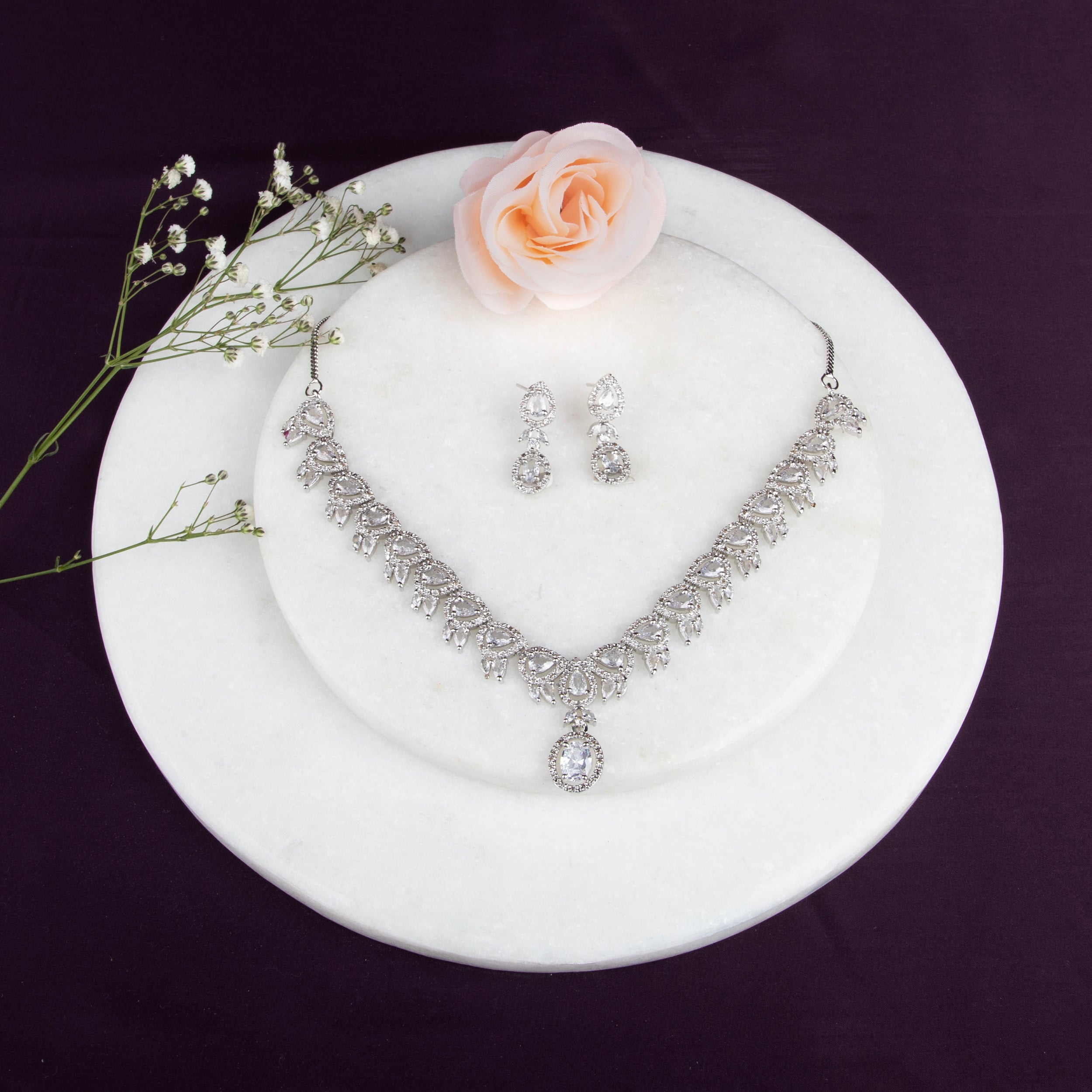 Elegant Cubic Zirconia Necklace Set with Drop Earrings.