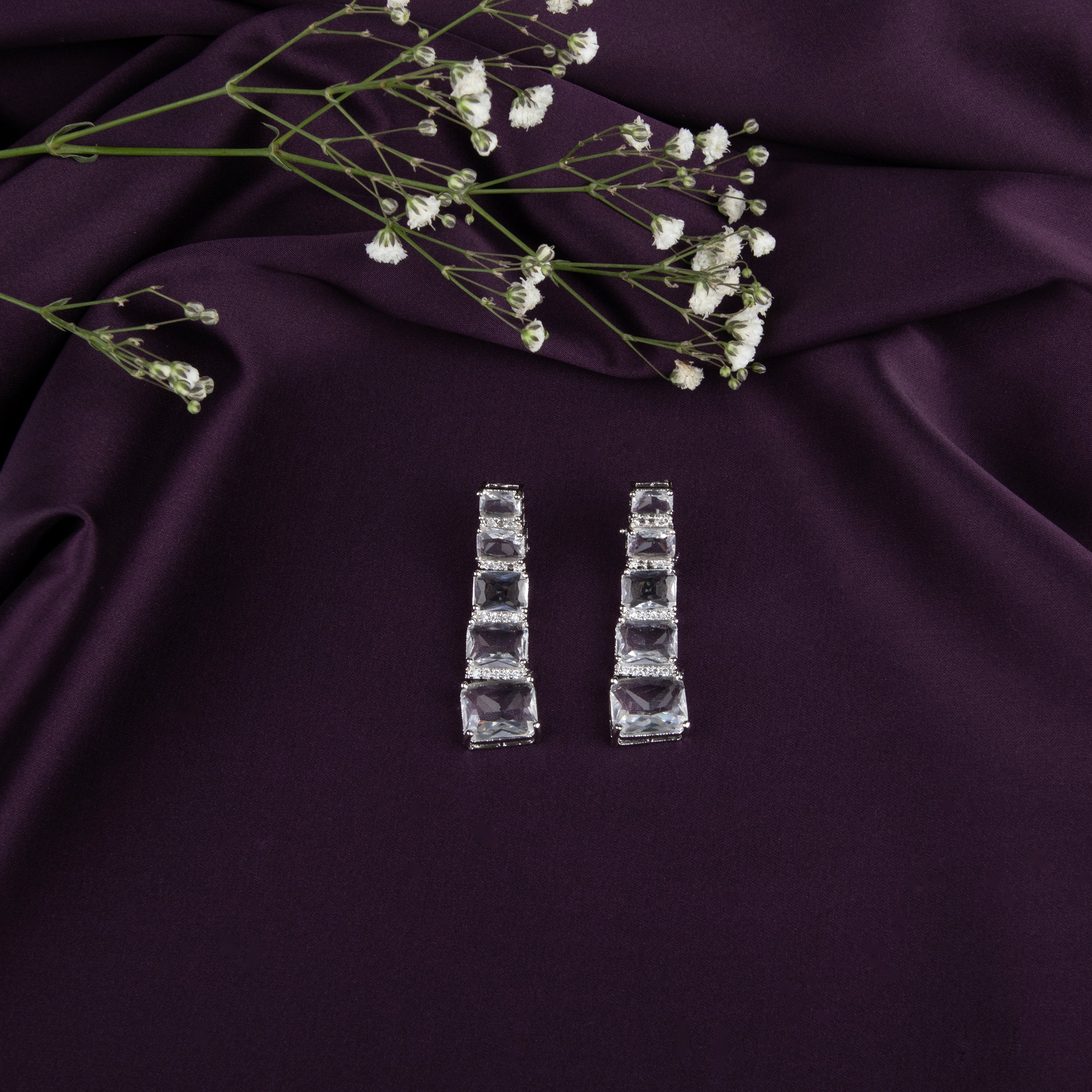 Diamond look Gemstone Earrings with American Diamonds, 6 Rectangular Stones Each