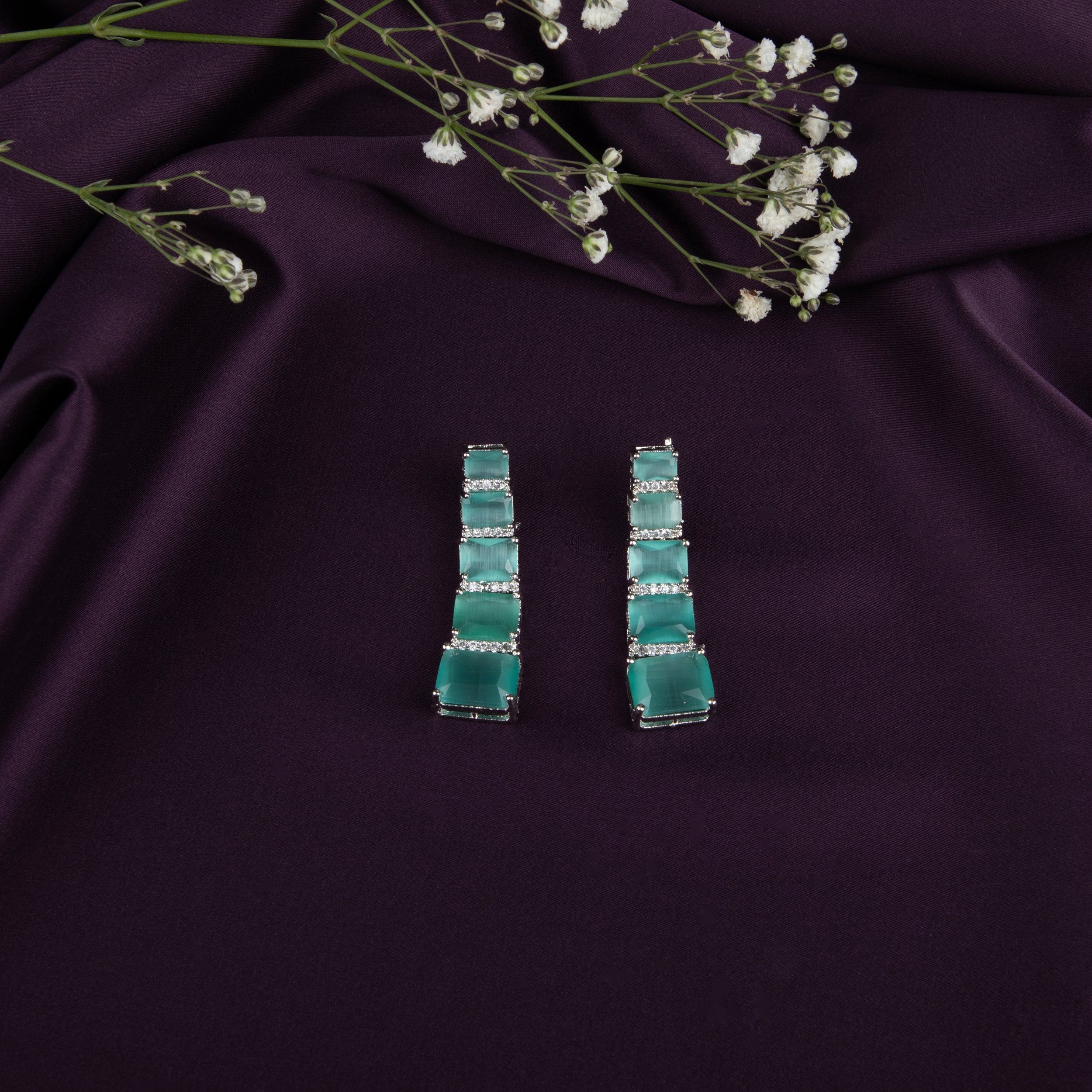 Emerald Green Gemstone Earrings with American Diamonds, 6 Rectangular Stones Each