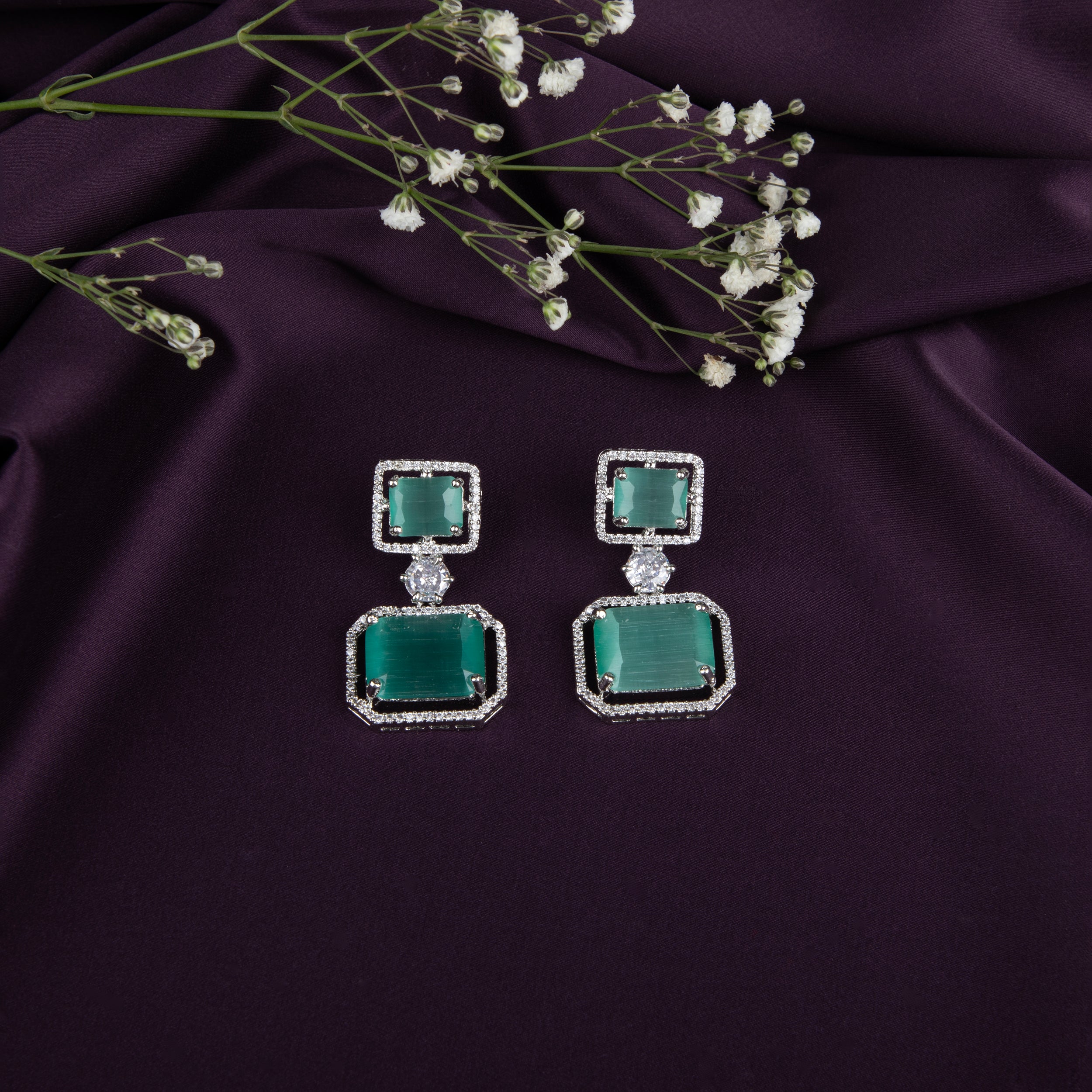 Emerald and Diamond Drop Earrings , Rectangles and Square Stones