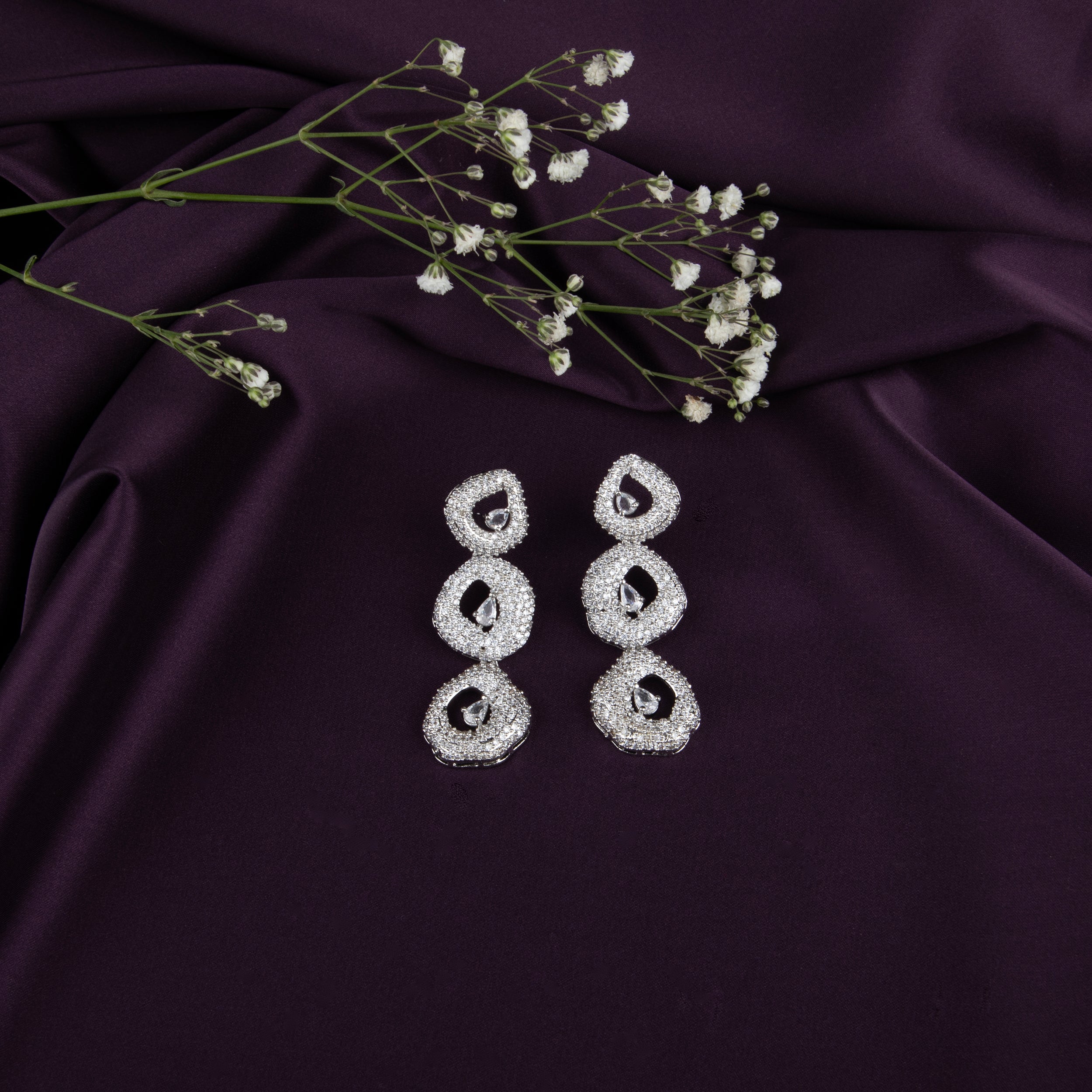 LA FILLE D'OR Sparkling American Diamond Earrings, 3-Tier Circular Design