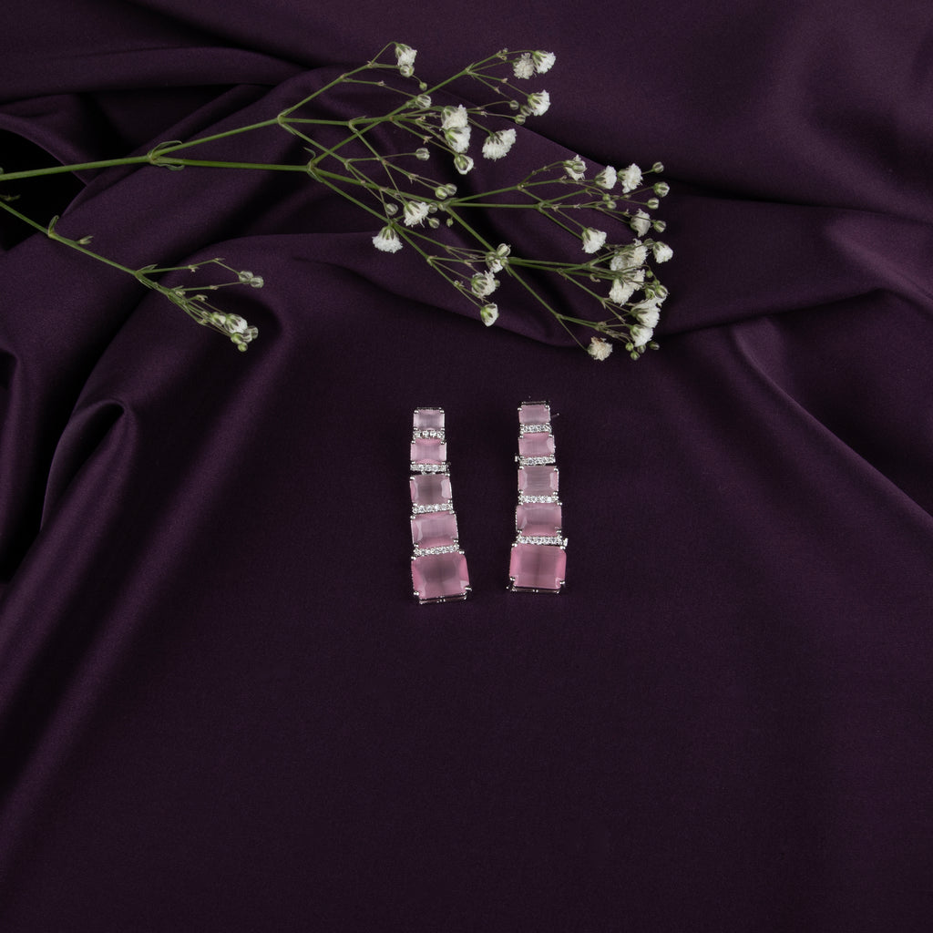 Emerald Green Gemstone Earrings with American Diamonds, 6 Rectangular Stones Each